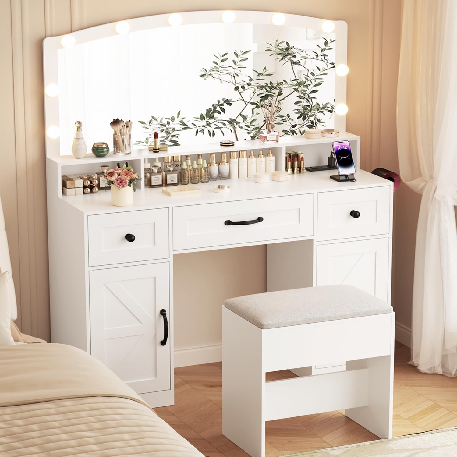 Farmhouse Vanity Desk with Mirror and Lights&Stool and Power Outlet, 43.3" Large 3 LED Lights Modes Makeup Vanity Table with 7 Drawers, 2 Cabinets& Large Mirror,Bedroom Vanity Desk,White