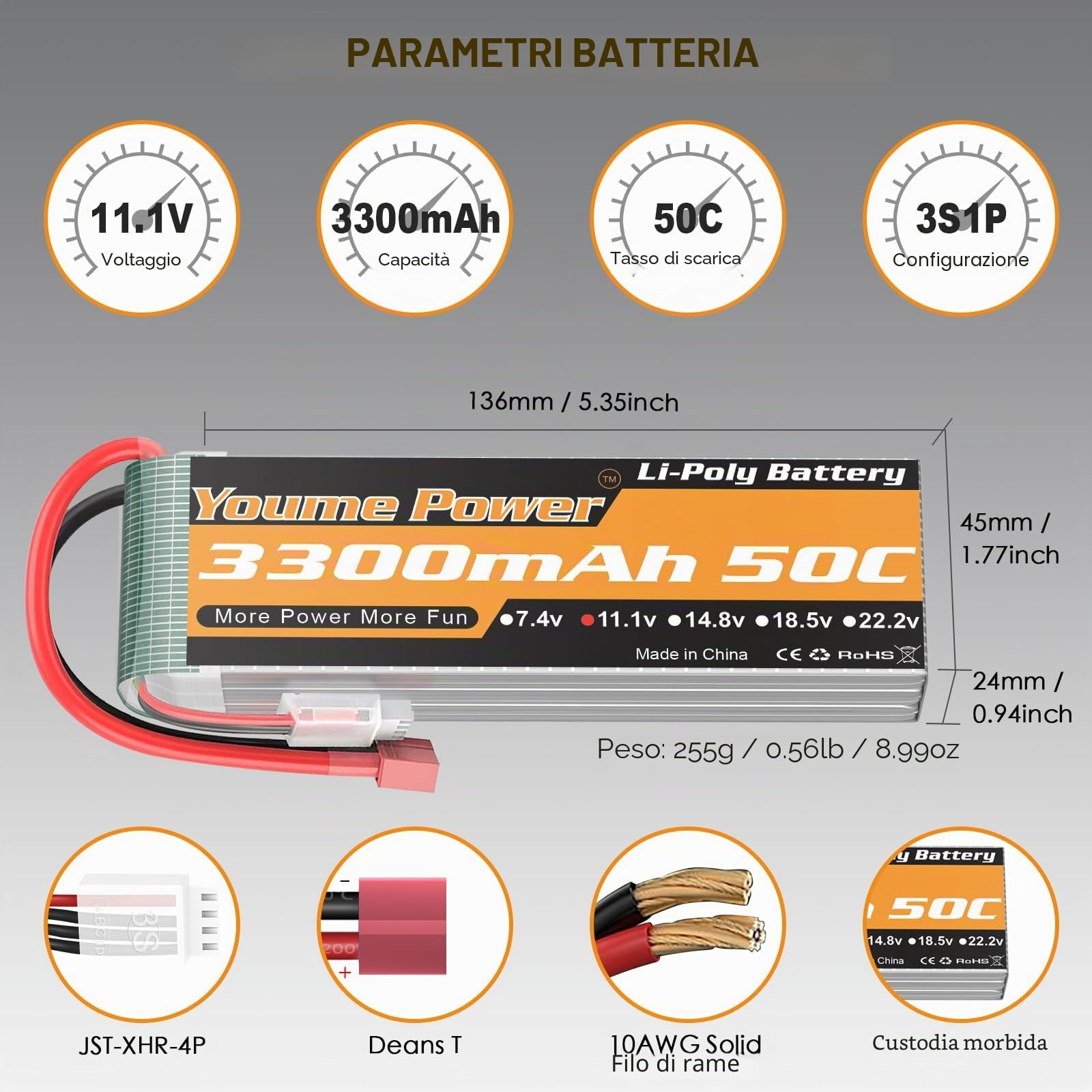 Batteria LiPo 3S 11.1V 3300mAh 50C connettore T per RC auto drone barca 2pz | Youme Batteria LiPo 3S 11.1V 3300mAh 50C connettore Deans T Soft Case per RC auto camion truggy aereo drone FPV barca