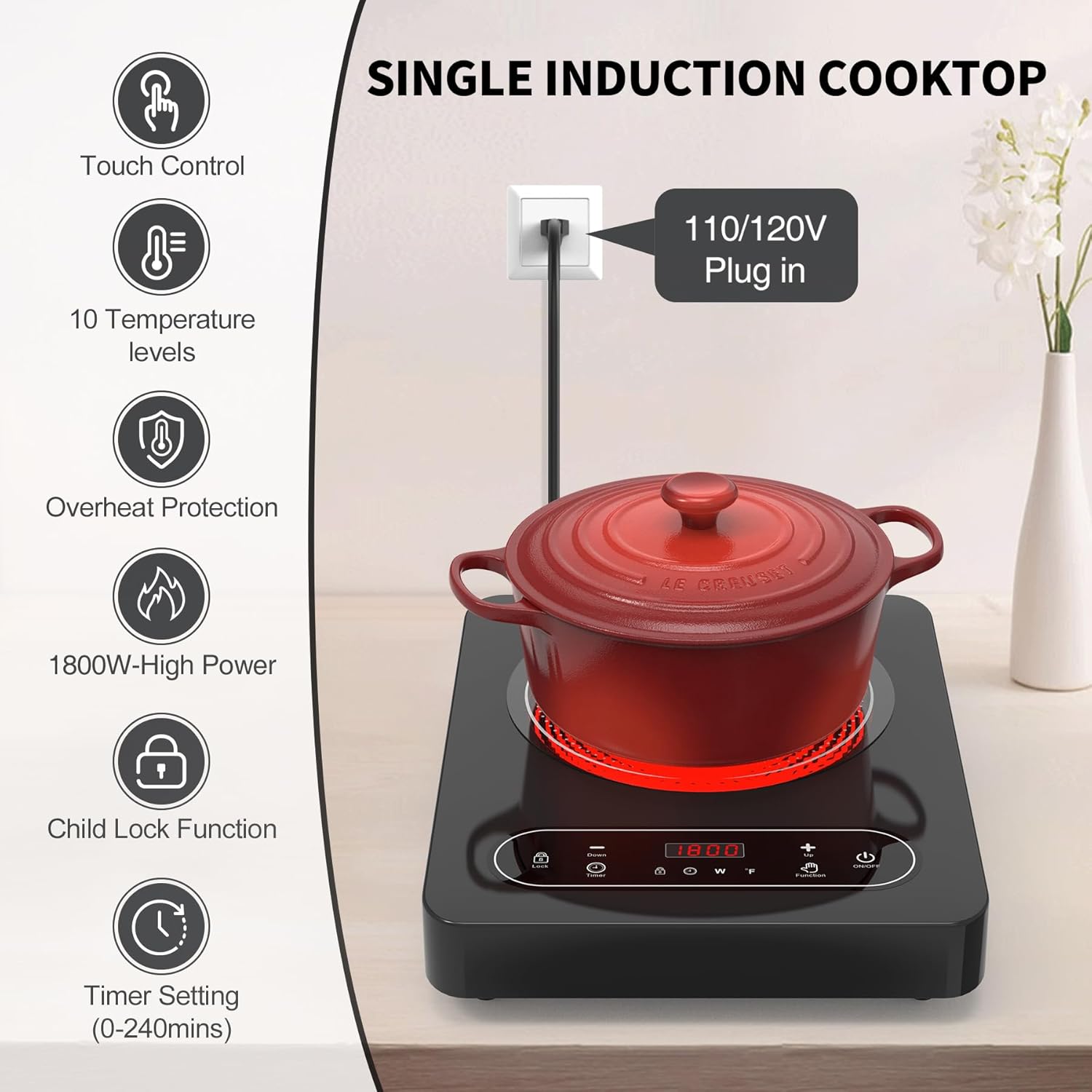VBGK Single Burner Electric Cooktop,110V 1800W Electric Stove Top with LED Touch Control,10 Power Levels, 4 hTimer, Safety Lock,Portable cooktop,Overheat protection