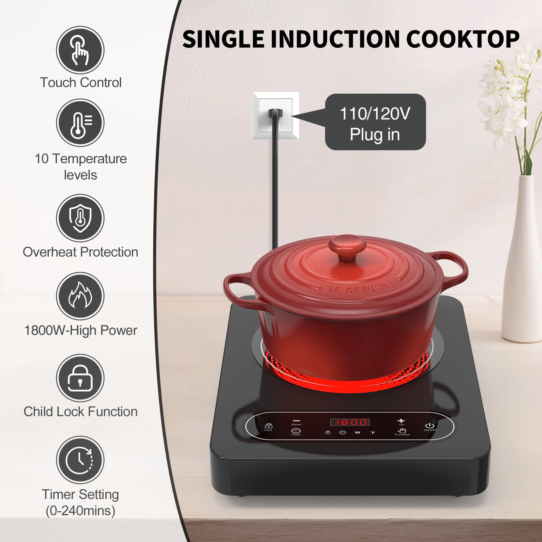 Cocina eléctrica de un solo quemador, estufa eléctrica de 110 V 1800 W con control táctil LED, 10 niveles de potencia, 4 horas, bloqueo de seguridad, cocina portátil, protección contra 3