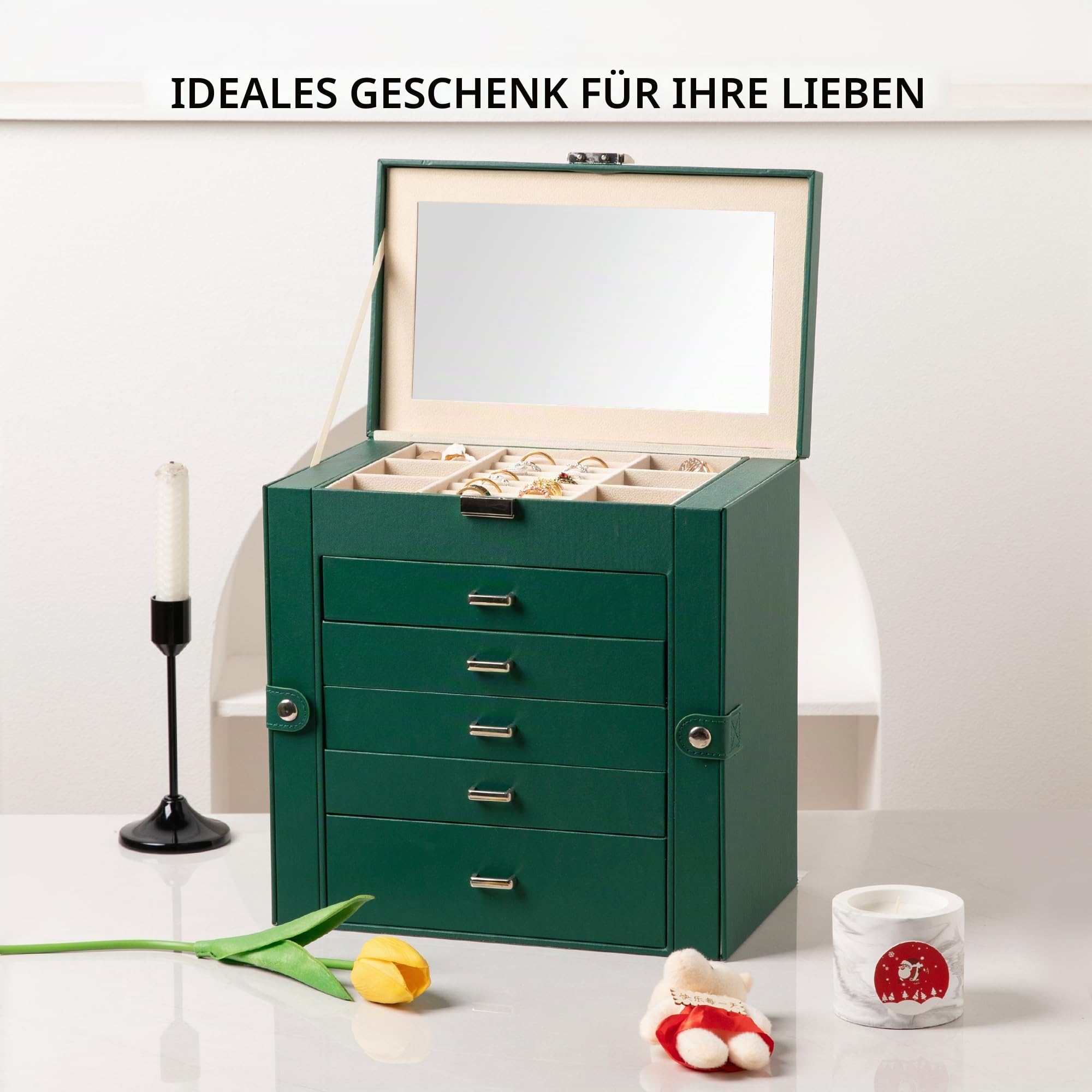 Frebeauty Große Schmuckschatulle, 6-stöckig, PU-Leder, Schmuck-Organizer, multifunktionale Aufbewahrungsbox mit Spiegel, Zubehörhalter mit 5 Schubladen für Halsketten, Armbänder, Uhren (Schwarzgrün)