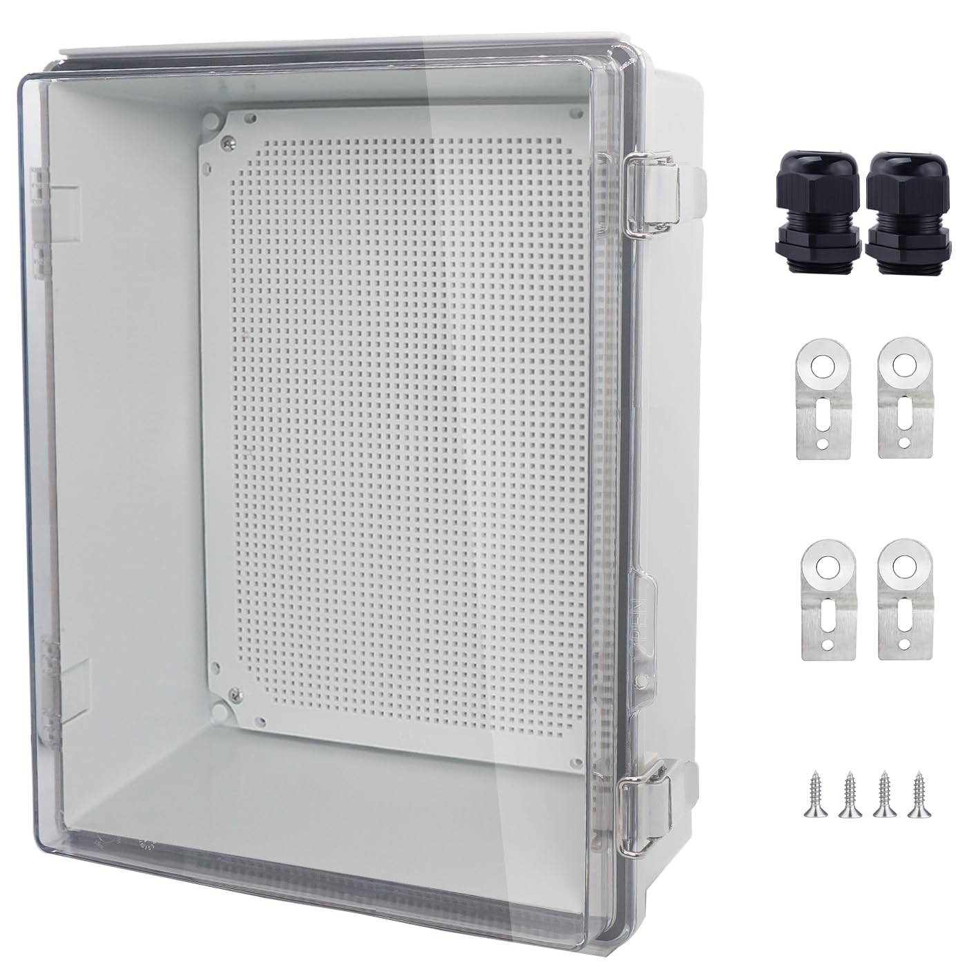 IP67 Waterproof Junction Box, ABS Plastic Electrical Enclosure with Stainless Steel Latch, Hinged Cover Electric Box with Mounting Plate, Wall Brackets & Cable Glands 400x300x180mm
