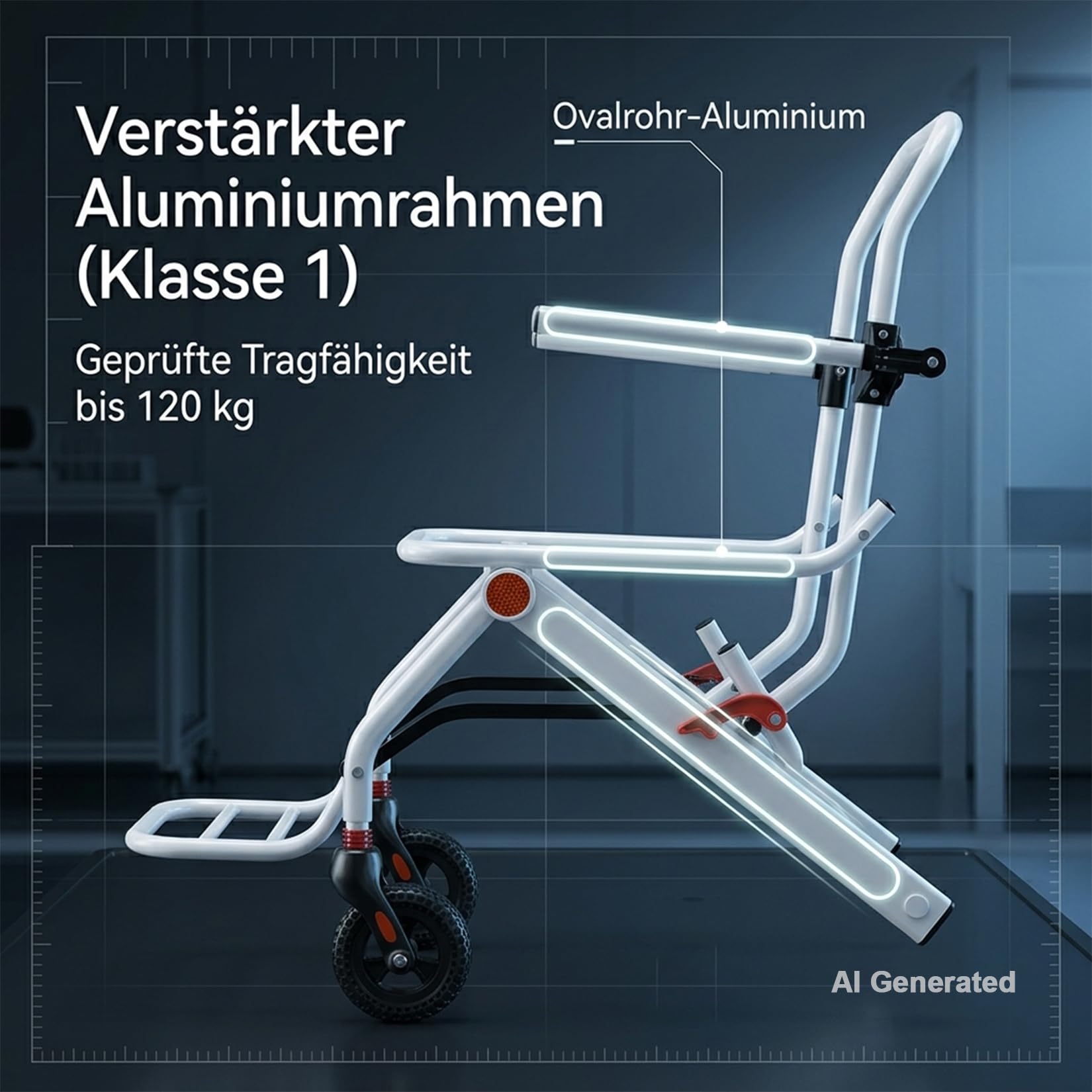 Leichtgewicht Rollstuhl Faltbar - Aluminium Reiserollstuhl bis 120kg | Medizinprodukt für Senioren. Mit Rucksack, 12 Zoll Wabenreifen und Trolley Funktion zum Ziehen. Perfekt für Auto Kofferraum.