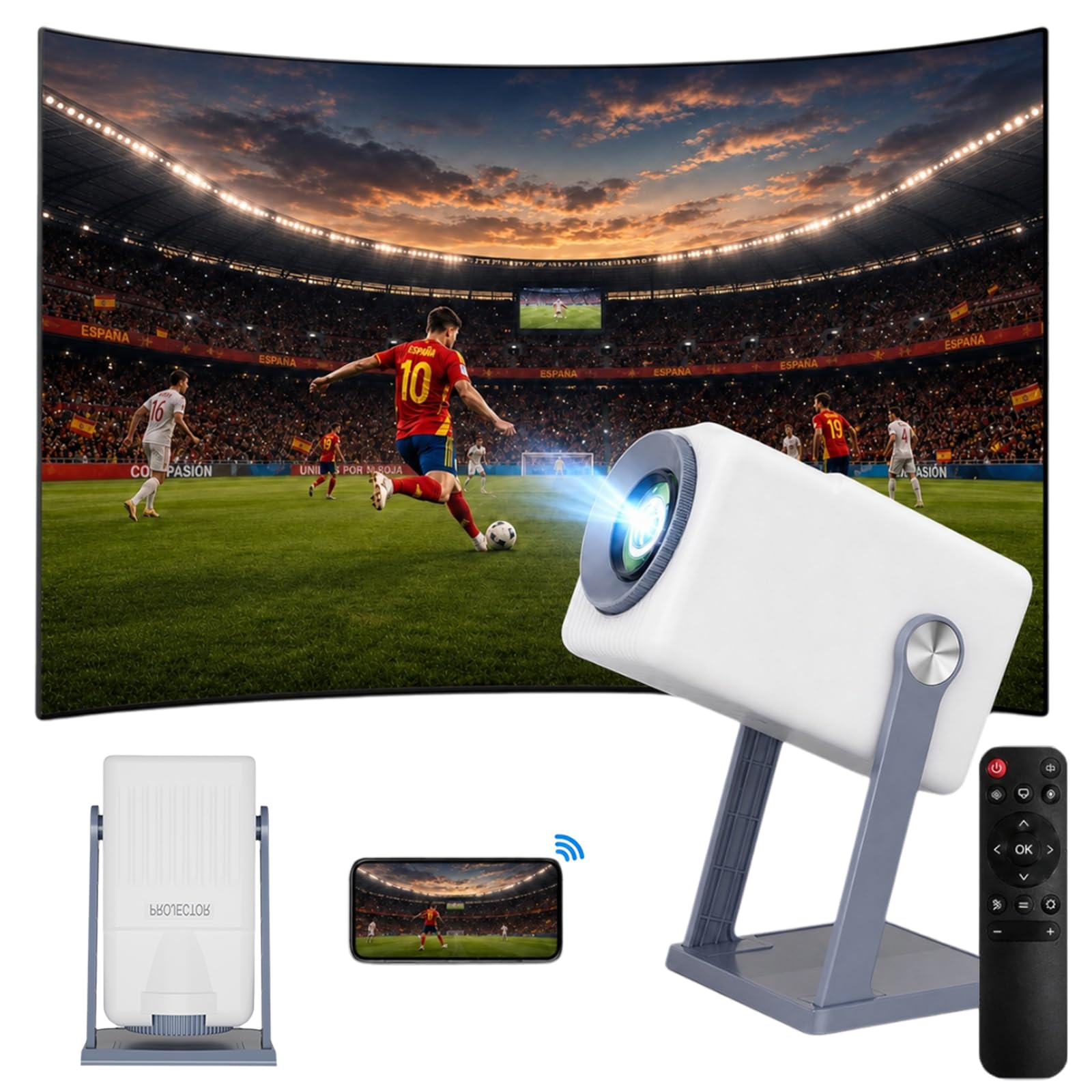 Mini Proyector Portátil con Android 11, Proyector 4K Soporte y 1080P Nativo, WiFi 6 y Bluetooth 5.0, Rotación 360°, Cine en Casa, Exteriores y Fútbol en Vivo (40-150")