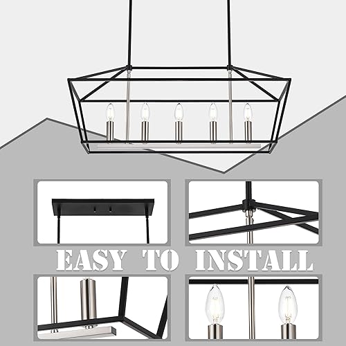 Miniatura 6 de MELUCEE Iluminación colgante de isla de cocina, 5 luces, lámparas de comedor de granja, lámpara lineal de 32 pulgadas en negro y acabado de níquel