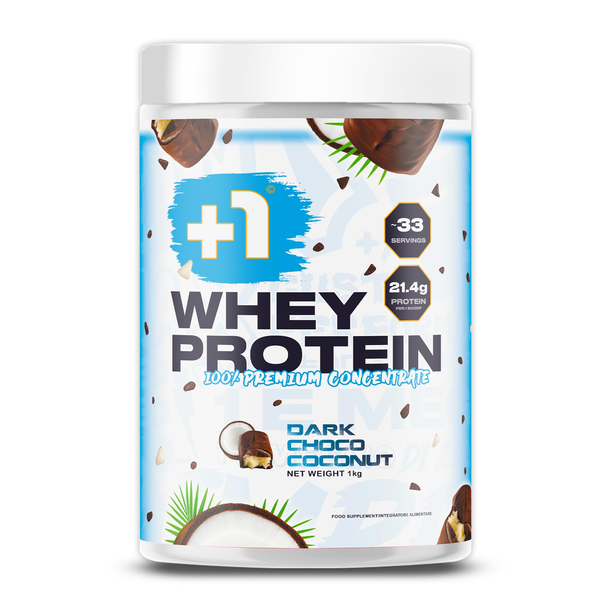 +1 Proteine in Polvere Premium - Gustose, Cremose e Digeribili - Crescita e Recupero Muscolare - Profilo Aminoacidico Completo - 100% Whey Concentrate - 1 kg, 33 Porzioni - Dark Choco Coconut
