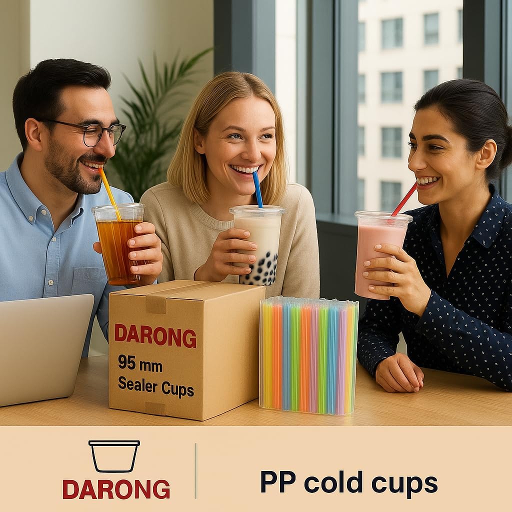 Darong 95mm PP Cold Cups with Boba Straws – Multiple Sizes & Packs (16oz, 22oz, 24oz) (16ozPP + Straw)