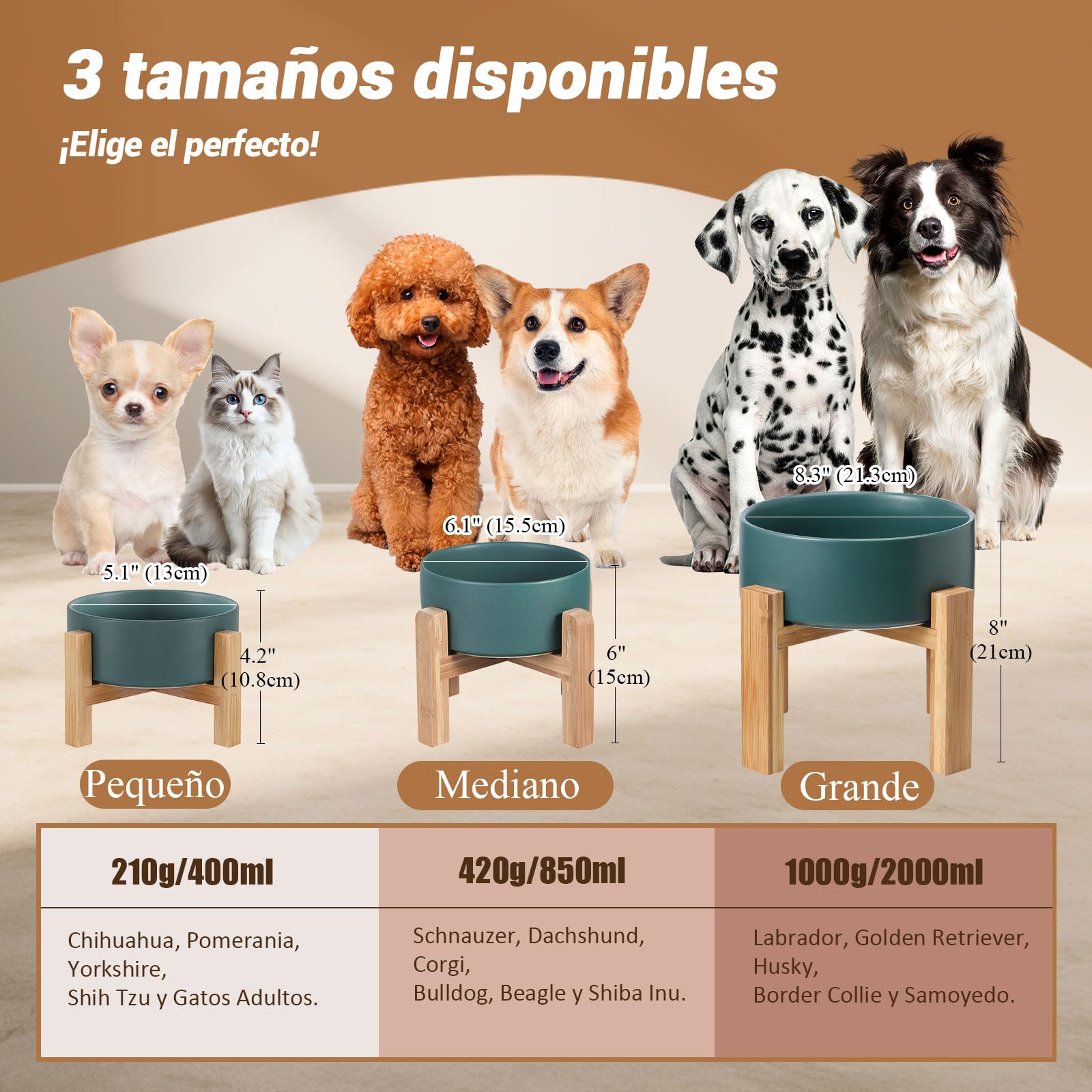 Comedero y Bebedero Perro Elevado - Comedero Perro Grande con Soporte de Bambú - Cuenco Ceramica Perro para Comida y Agua - Comederos Perros Grandes - Plato para Perro Alto - Bol Perro - 1800 ml