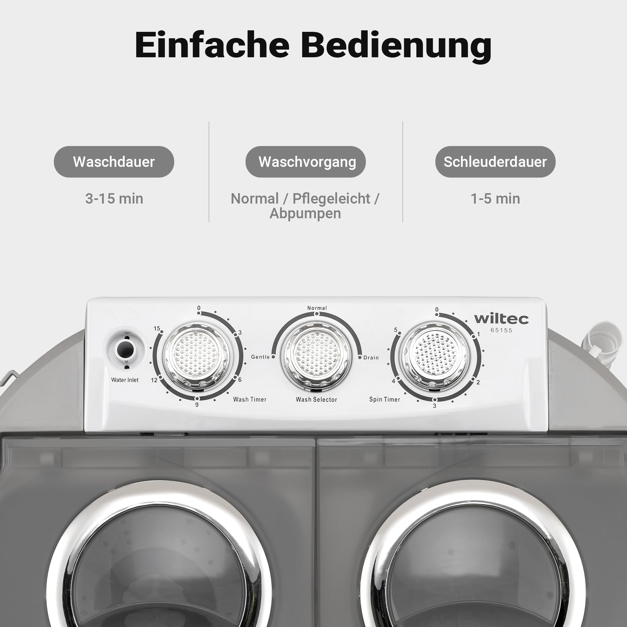 Wiltec Camping Waschmaschine 230 W 60 x 36 x 60 cm Mini Waschmaschine 3,0 kg Wäsche Reisewaschmaschine 2,0 kg Schleuderkapazität