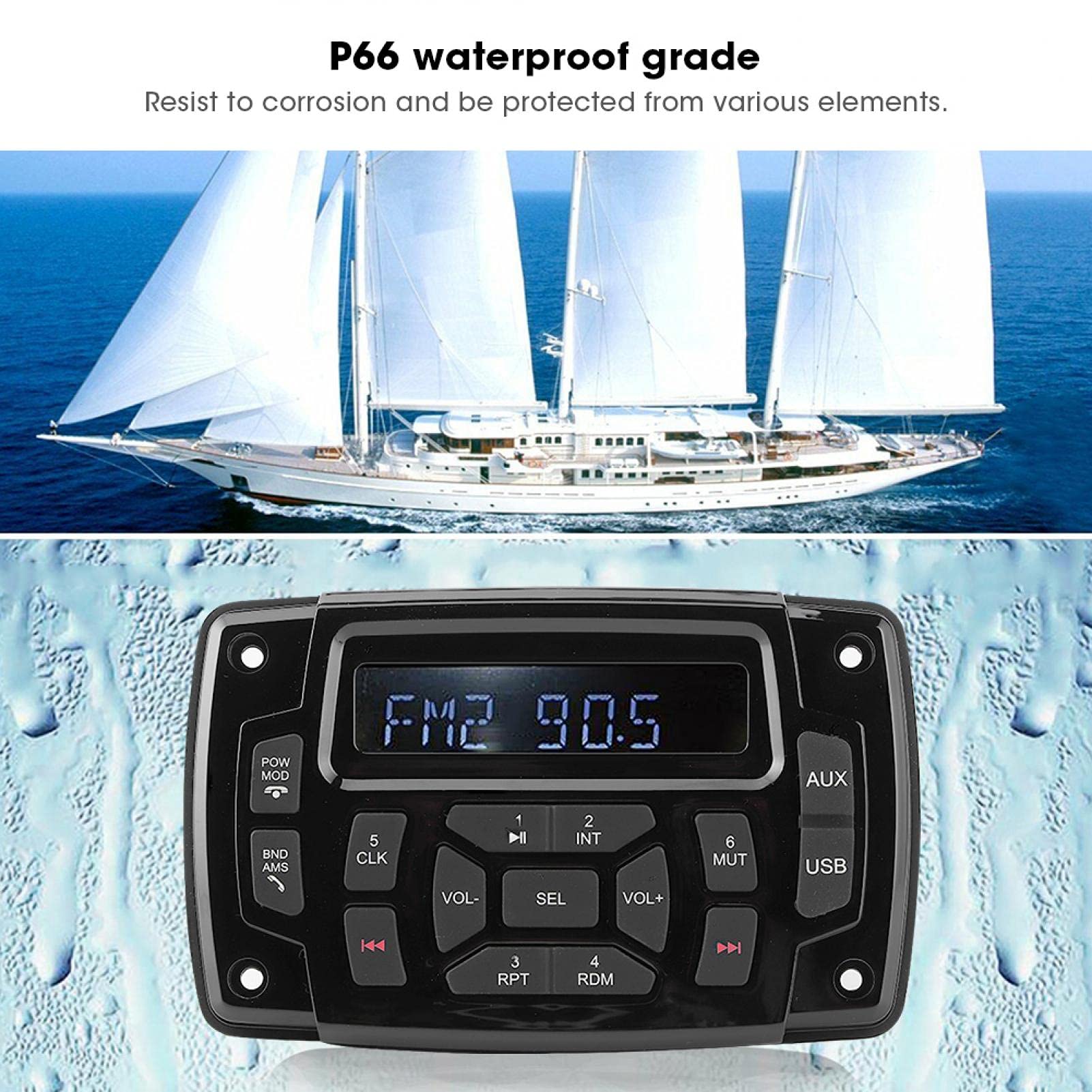 Radio estéreo Marina, Bluetooth FM Am Receptor estéreo Marino Reproductor de MP3, IP66 Receptor Barco de 12v Impermeable/Resistente a la Intemperie con LCD Digital, Receptor Centro Multimedia