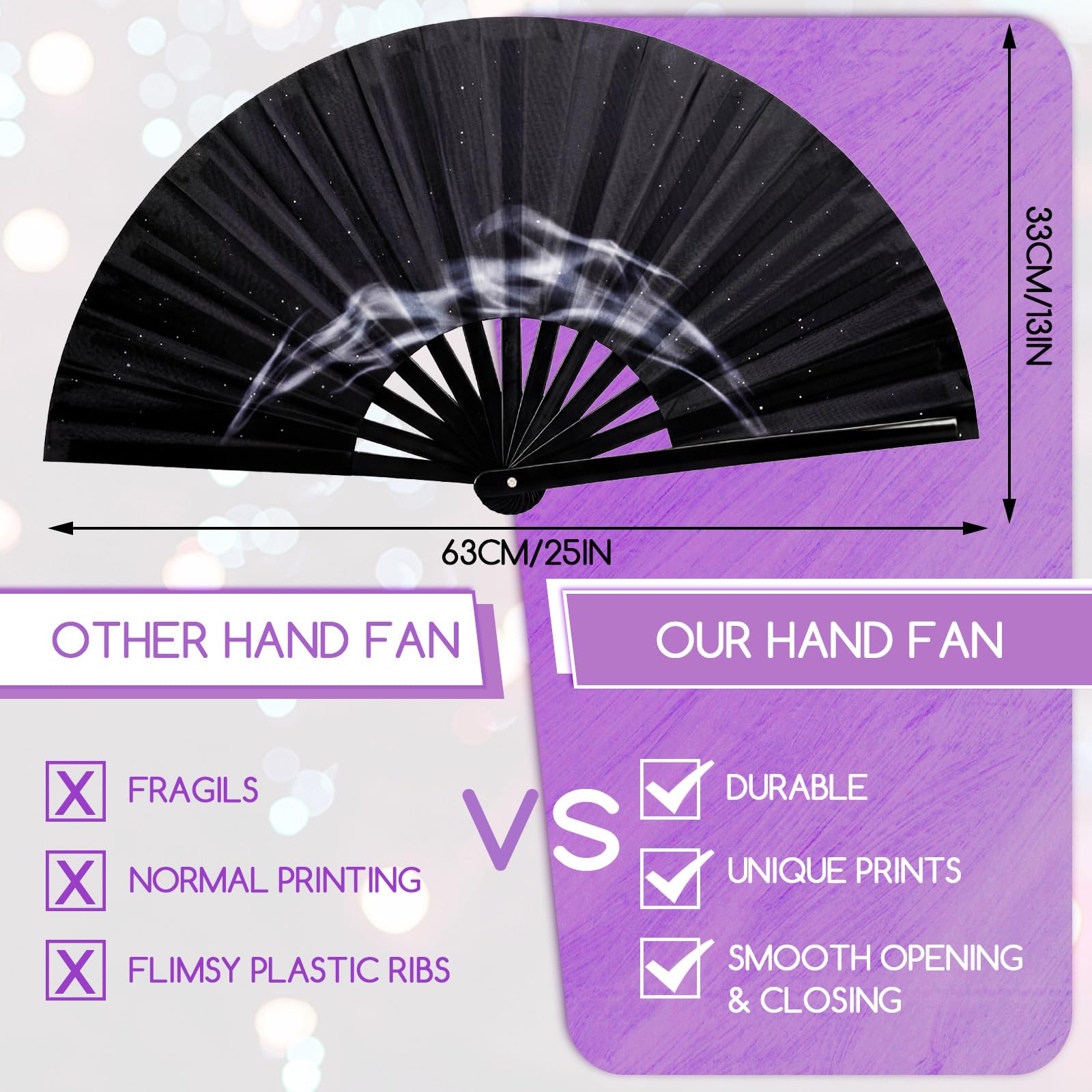 FairySandy 6 abanicos de mano grandes para rave, abanicos icónicos, abanicos plegables de bambú, abanicos chinos de mano para mujeres y hombres, conciertos, festivales, desfiles, actuaciones de fiesta