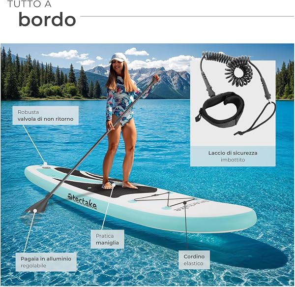 tectake® SUP Gonfiabile, Tavola Stand-Up Paddle Versatile, Materiale Drop-Stitch, 3 Pinne con Pinna Removibile, Pagaia in Alluminio Regolabile, Antiscivolo in Schiuma EVA - 3