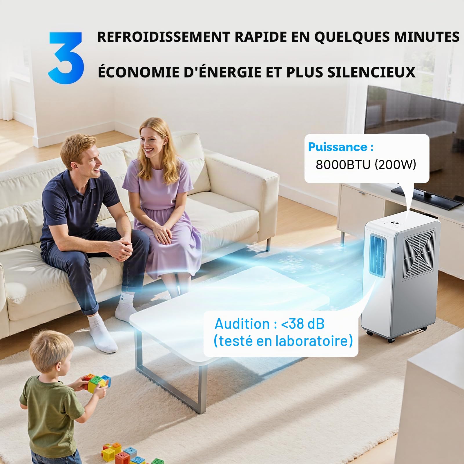 Climatiseur mobile 4-en-1 et refroidisseur d'air, déshumidificateur, ventilation, minuterie 24h, silencieux, parfait pour chambre à coucher, bureau et cuisine (blanc pur)