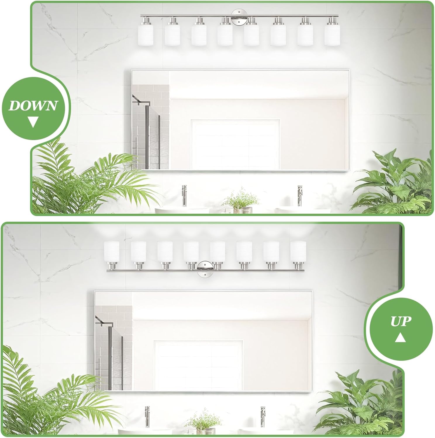 8-Light Vanity Lights, Brushed Nickel Bathroom Light Fixture with Striped Textured Milky White Glass Shade, E26 Modern Vanity Lighting Fixture for Bathroom Wall Sconce Light Over Mirror