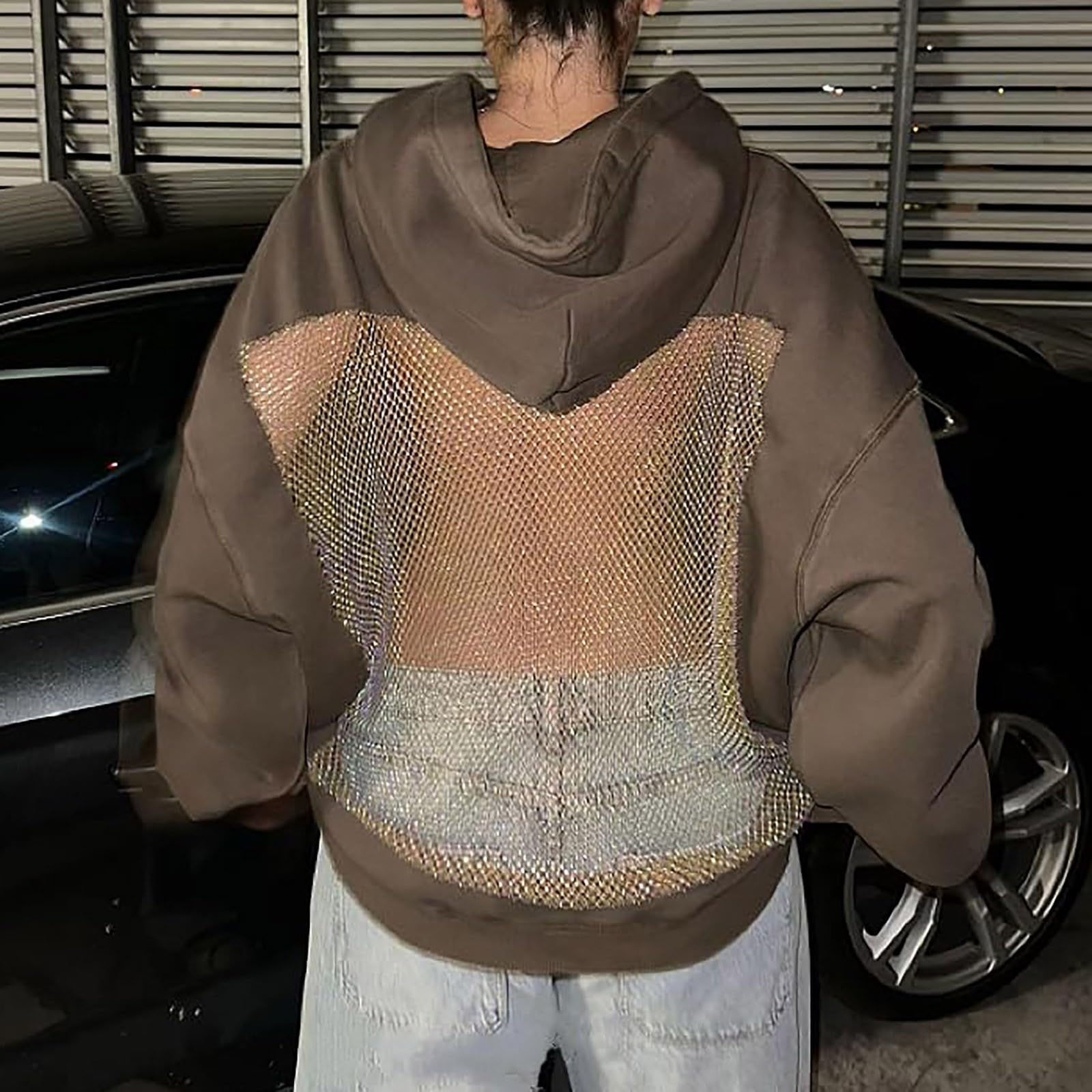 Felpa oversize da donna con cappuccio e retro in rete traspirante