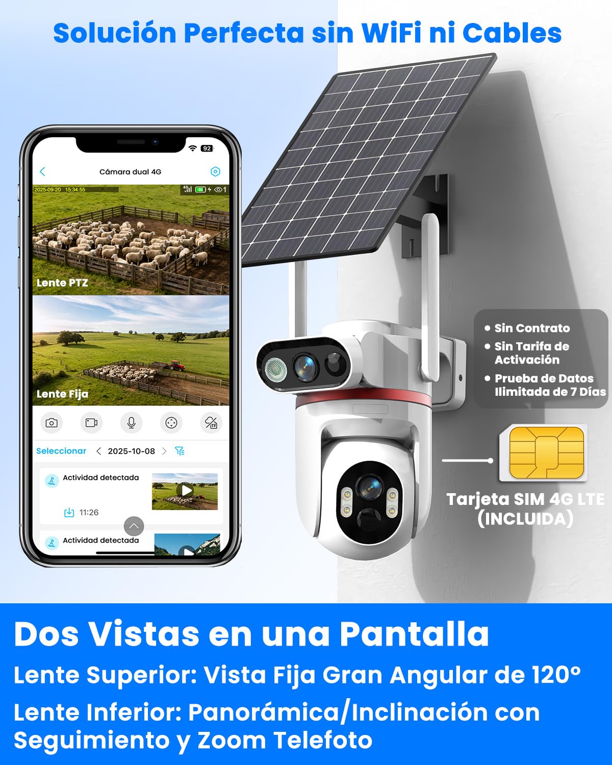 UCOCARE Doble 4MP Camara Vigilancia SIM Exterior Solar, 24/7 Grabación AOV | Doble Lente Camera 4G Solar 8W & Batería 15800mAh, 360° Seguimiento Automático, Detección IA, Visión Nocturna Color, IP66