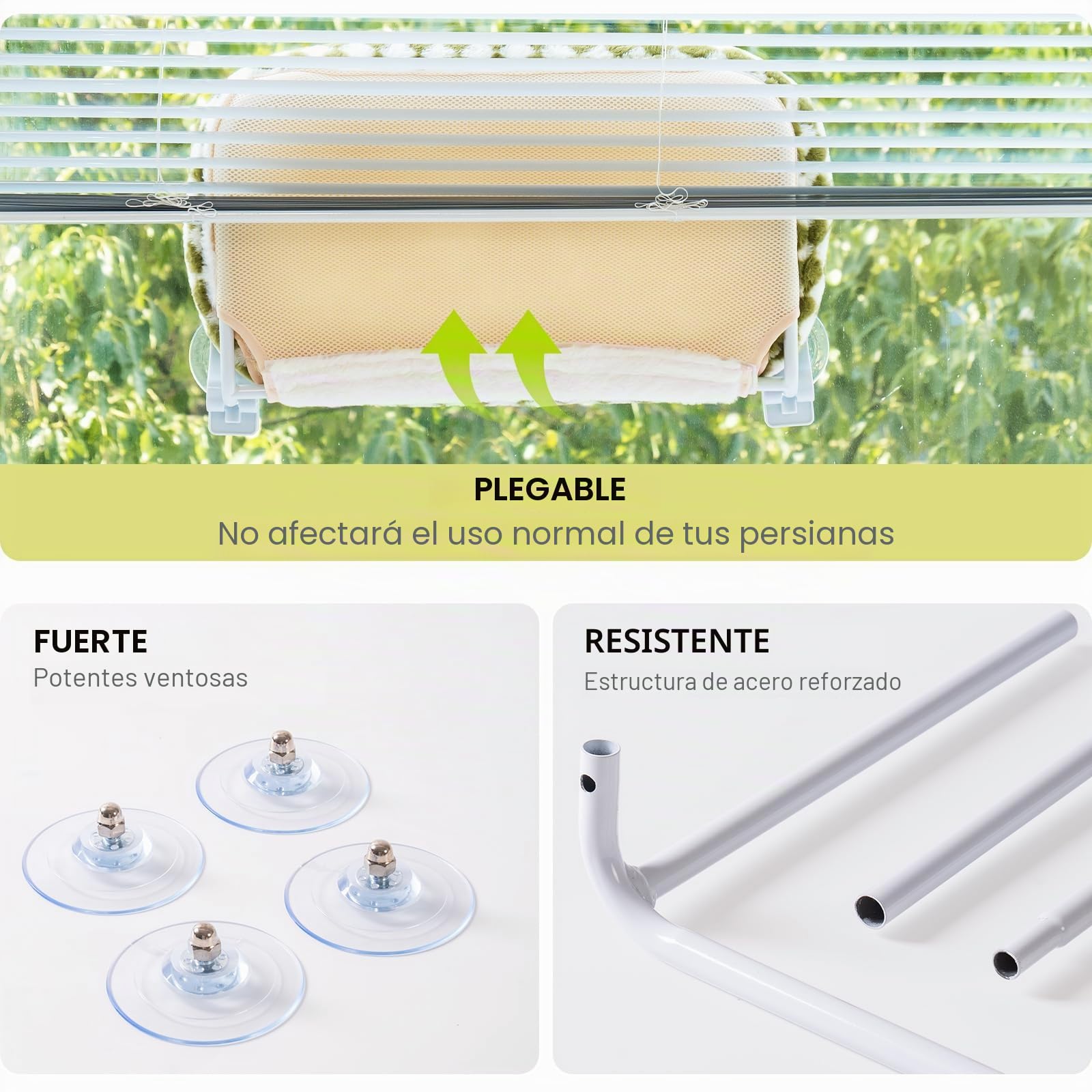 EDAGNY Cama para Gatos Ventana Felpa, Cama Gato Ventana Plegable para Gatos de Interior, con Cubierta Gruesa Extraíble, Hamaca Ventana Gato Soporta hasta 18 kg (Verde, L)