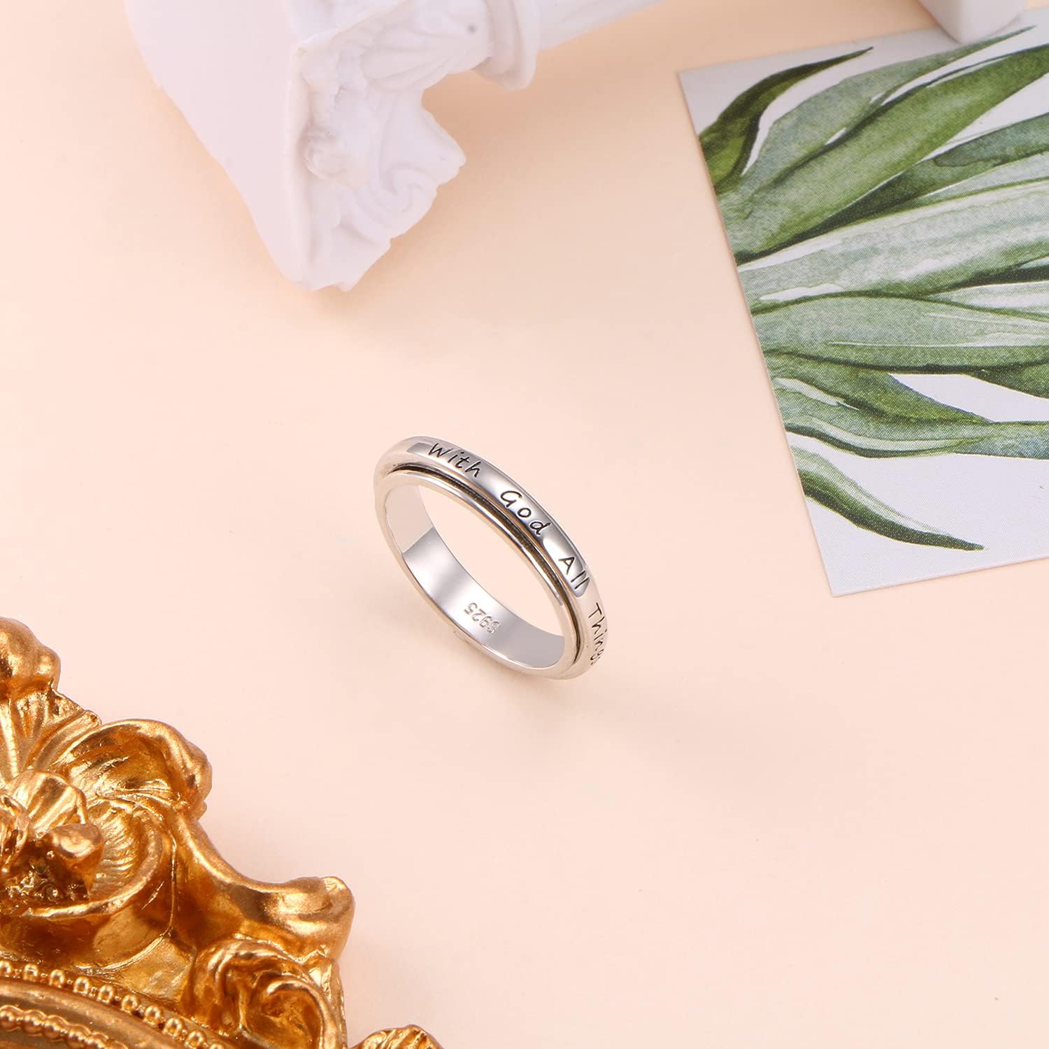 Ladytree S925 Sterling Silver Spinner Ring for Anxiety, Promise Inspirational Ring Fidget Anxiety Worry Relieving Boredom ADHD Autism Band Fidget Rings for Anxiety Women Men