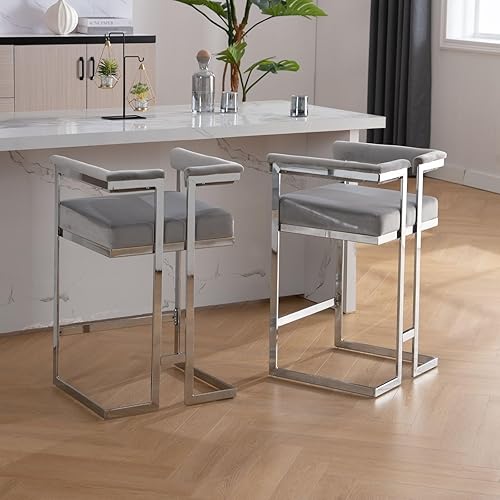 Miniatura 9 de LukeAlon Slivery - Juego de 2 taburetes de terciopelo con base tapizados de 26 pulgadas de altura de asiento, modernos taburetes bajos con patas