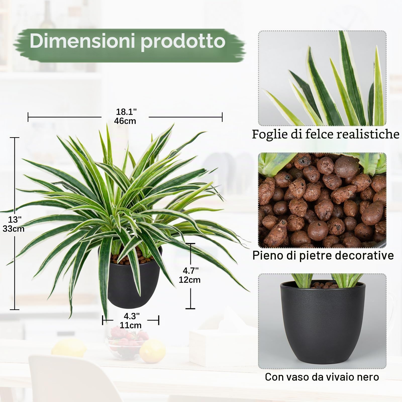 Oairse Piante artificiali da interno in vaso 33 cm pianta ragno finto decorativo piante in vaso finte realistiche finto clorofito comosum pianta da casa per casa bagno decorazione cucina