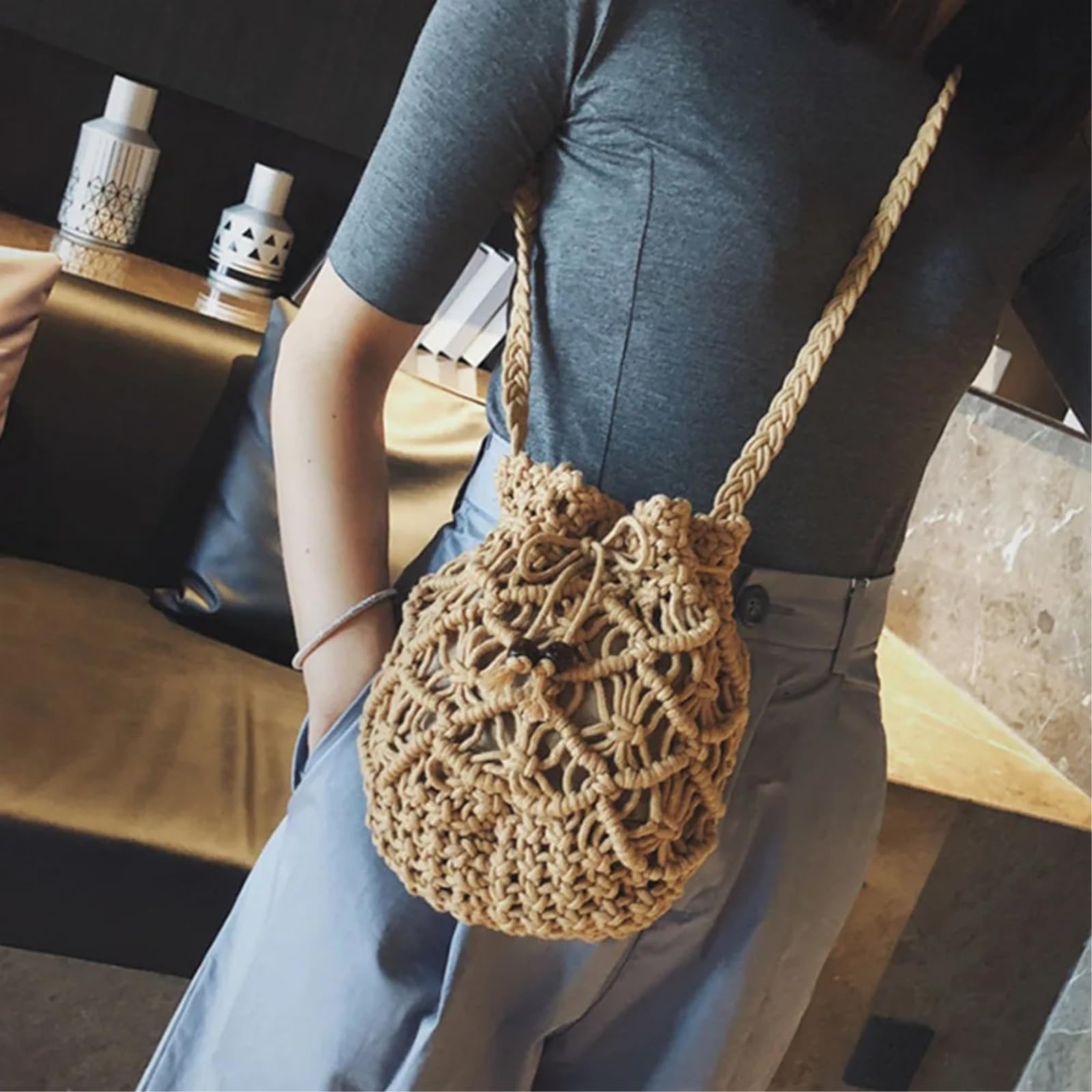 Bolso de Hombro Cubo Cordón Ganchillo Hueco Hecho A Mano, Correa Ajustable para El Verano