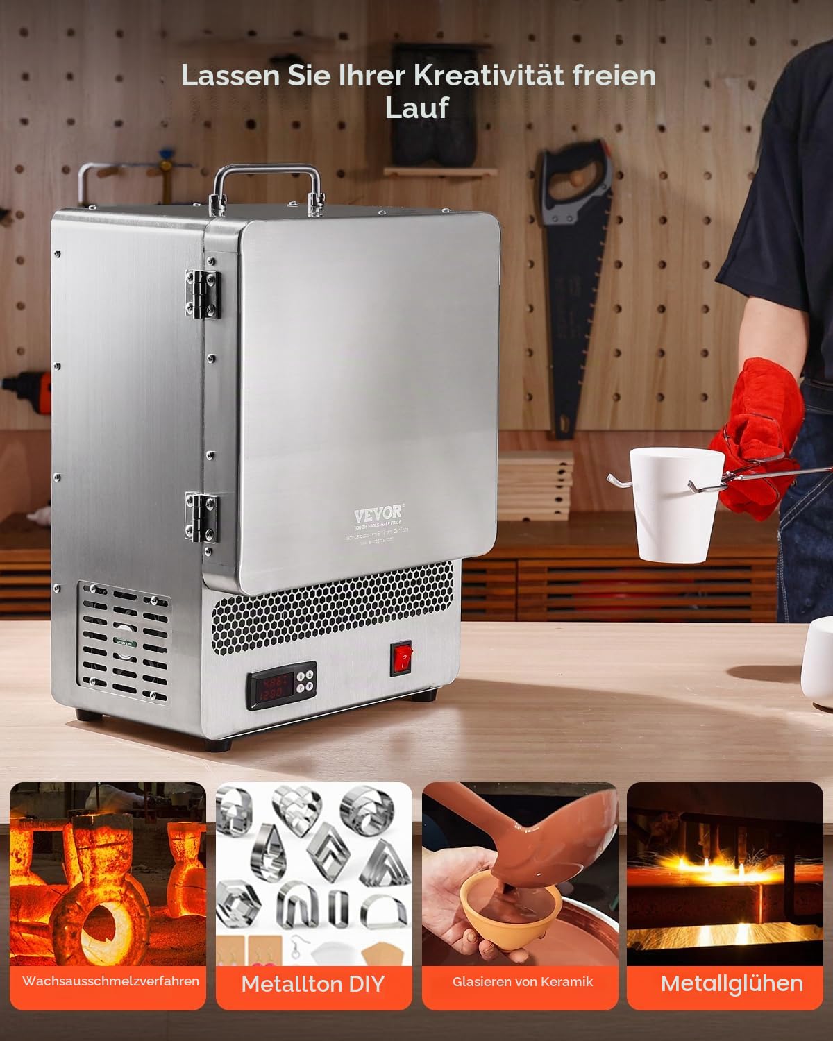 VEVOR Tisch-Schmelzofen 1500 W leistungsstarker elektrischer Ofen 1200 ℃ maximale Temperatur, Goldschmelzofen aus Edelstahl für Wachsguss Ton-DIY Metalltemperierung Glasieren auf Keramik, Silber