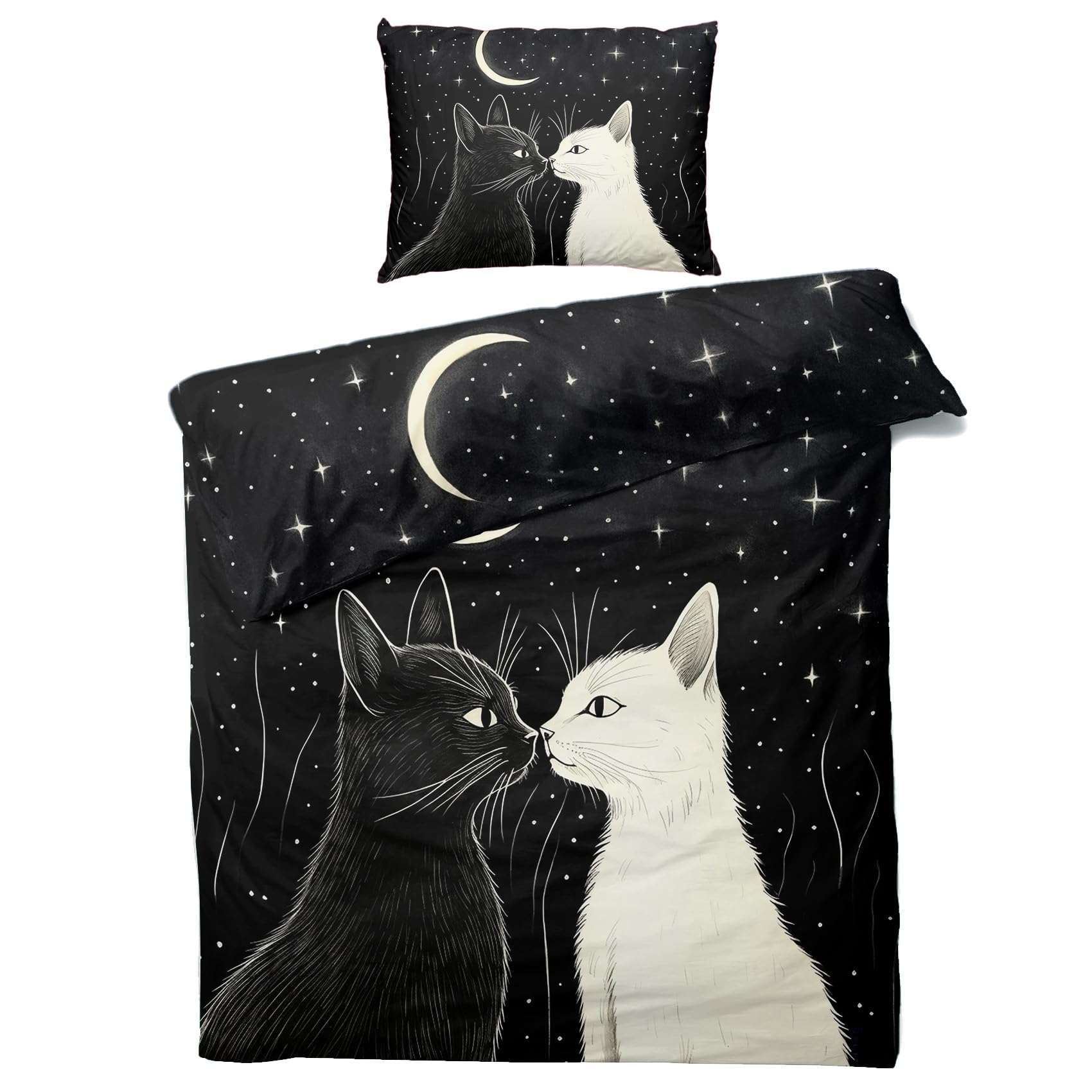 Generisch Bettwäsche 135x200 Katze Schwarz Weiß, Witchy Sternenhimmel Bettbezug 135x200 2 Teilig, mikrofaser Bettwäsche mit Reißverschluss und 1 Kissenbezüge 80x80cm, Schlafzimmer Deko Katze - to178