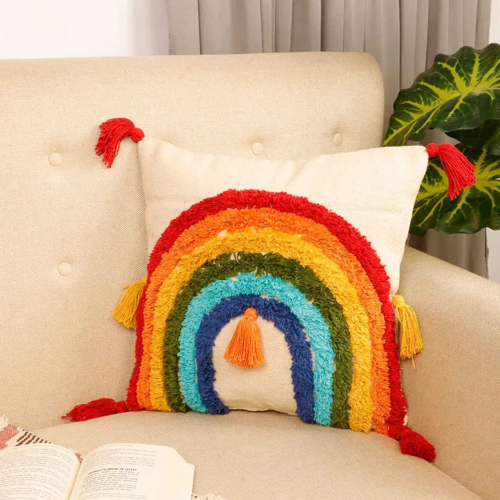 pepme Boho Pillow Covers for Kids Playroom Rainbow Colorful Throw Pillow Cover with Tassels 16x16 Inch, Boho Tufted Decorative Cushion Case for Nursey, Couch, Bed, Sofa & Living Room16x16 (B0BST3431J) Amazon Price History, Amazon Price Tracker