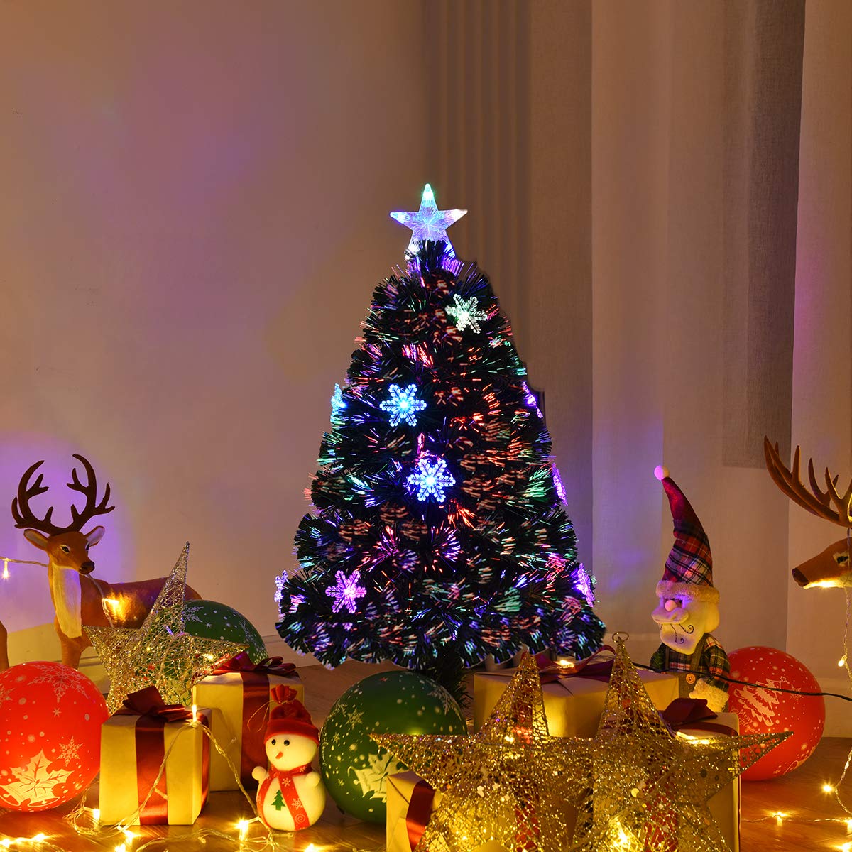 GOPLUS Sapin de Noel Lumineux LED, 120cm Sapin de Noël Artificiel Fibre Optique avec 18 Flocons de Neige Lumières et Etoile Sommet, 125 Branches Touffues, Décoration Noël