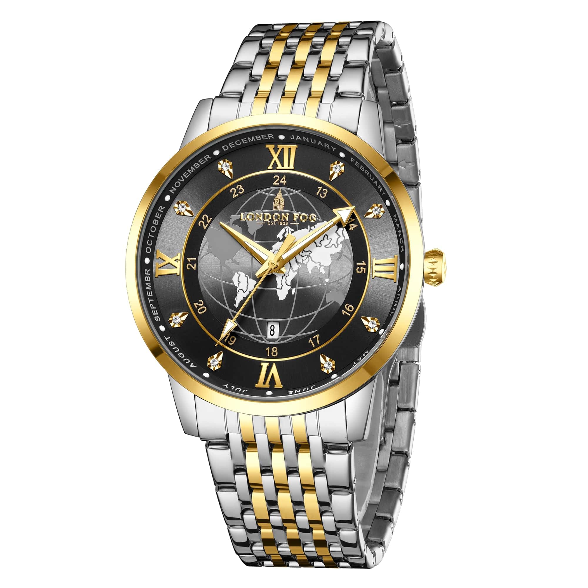 London Fog Baker Collection Analog Quartz Watch for Men with Black Dial, Two Tone Silver & Gold Stainless Steel Strap, Luminous Hands and World Map Dial Design - LFM10009-44