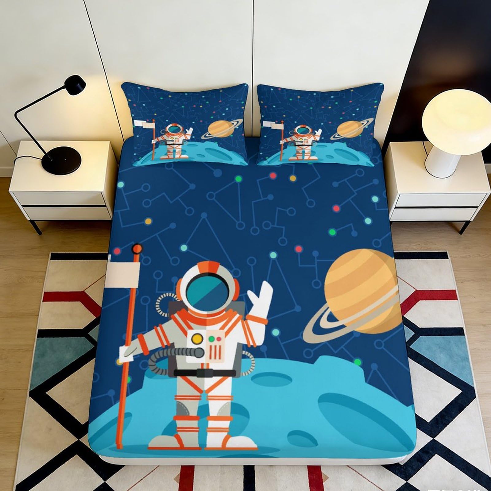 Jqzkxnhpbr Style-7 3D Printed Astronaut Space Fitted Sheet Microfiber Soft Blue Planet Mattress Cover For Bedroom Guestroom Dorm Decor 90X200x25cm