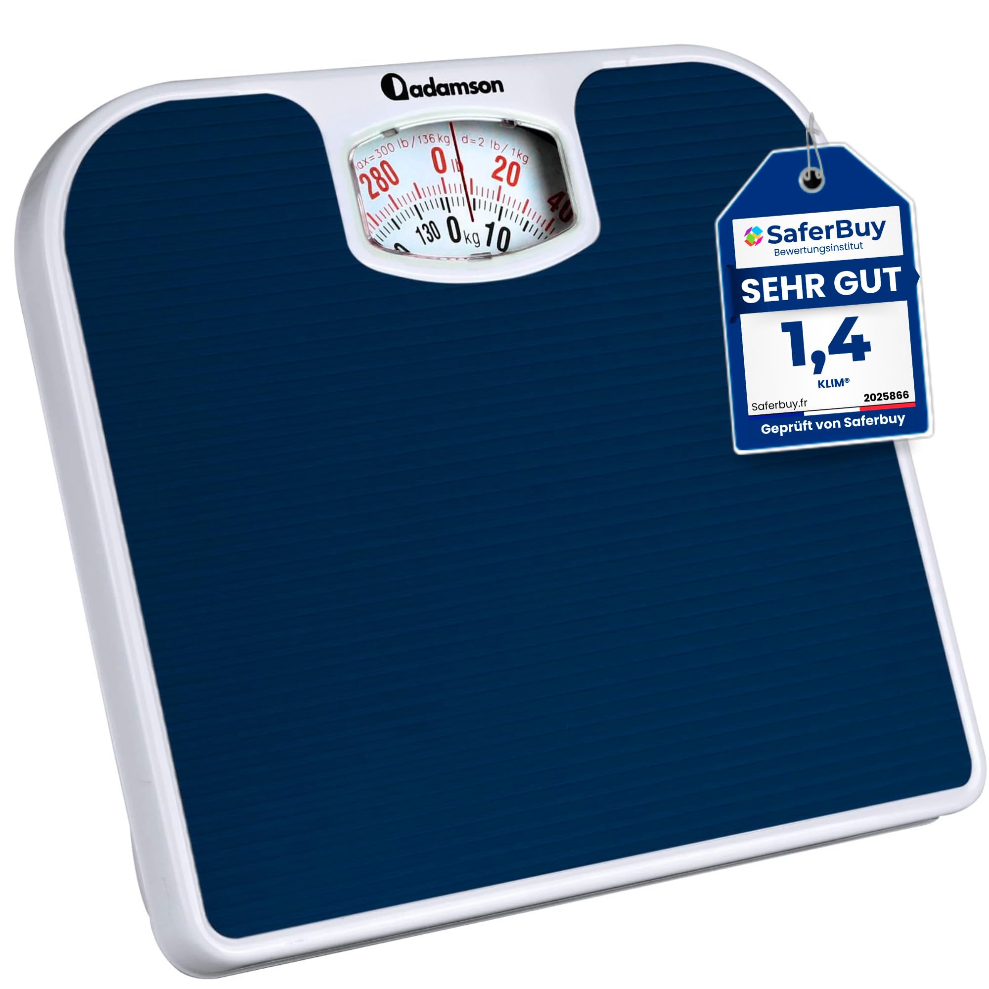 Adamson A21 Personenwaage Analog – bis zu 136 kg – Neu – Rutschfeste Gummioberfläche - Große Zahlen – Körperwaage Analog – Erschwinglich – Langlebig mit 20 Jahren Garantie - Blau