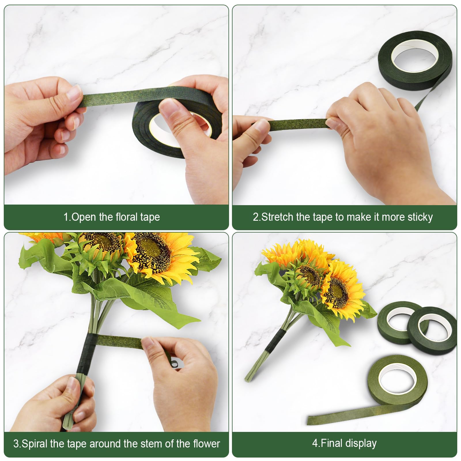 Lot De 4 Rouleaux De Ruban Floral Adhésif - 15 Mètres Par Rouleau, Vert Clair Et Foncé - Pour Bouquets Et Créations DIY