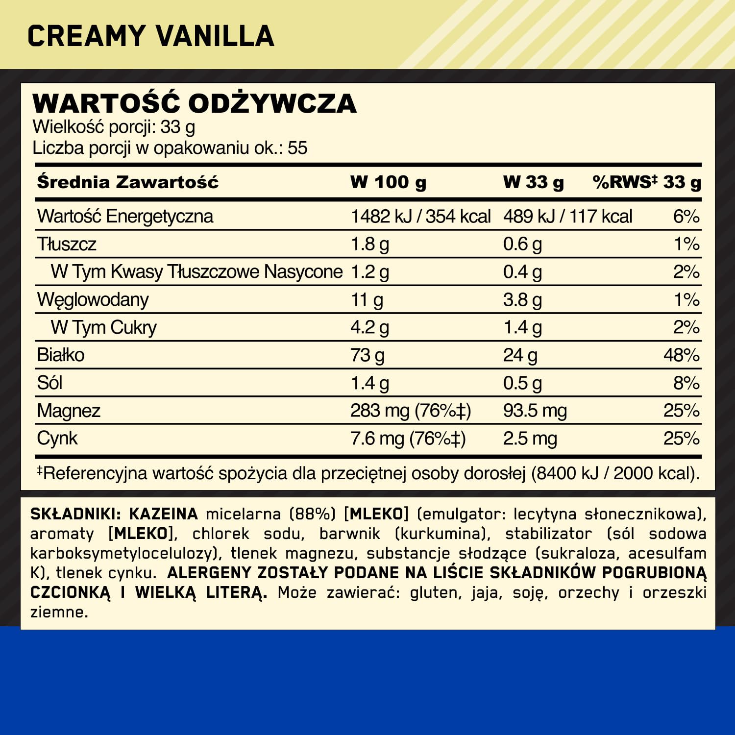 Optimum Nutrition Gold Standard 100% Casein Wolno przyswajalna odżywka na noc z cynkiem, magnezem i aminokwasami, wspomagająca wzrost i odbudowę mięśni, smak Creamy Vanilla, 55 porcji, 1,82 kg