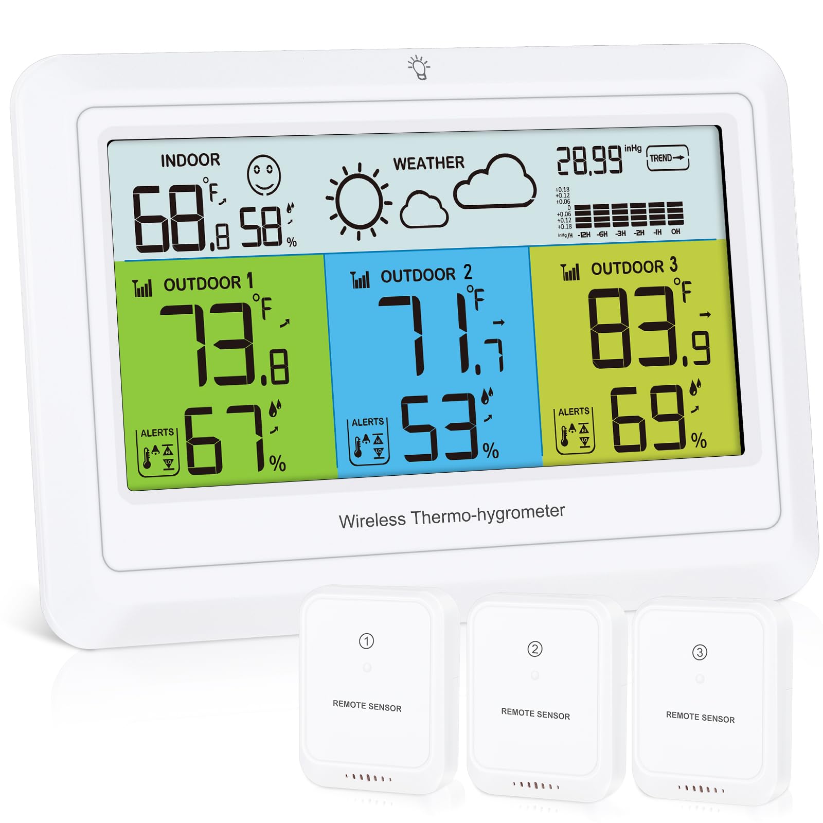 Estaciones meteorológicas con sensor exterior, termómetro inalámbrico para interiores y exteriores, higrómetro con 3 sensores, termómetro digital de humedad con pantalla a color, luz de fondo