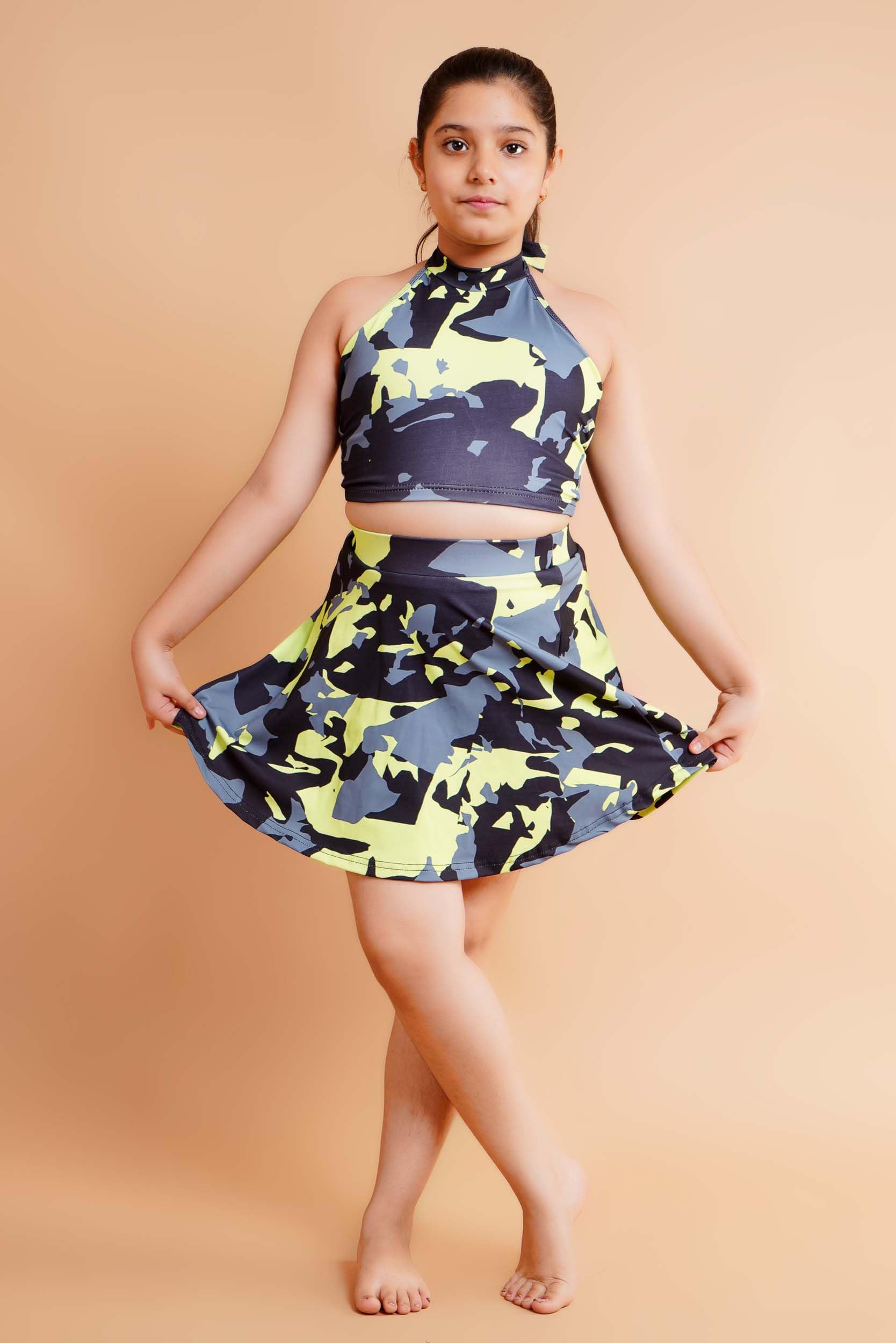 Keepfit Kids Girls Camouflage Printed Halter Neck top and Skirt Swimset | Comfortable Quick Dry Beachwear for Girls 2