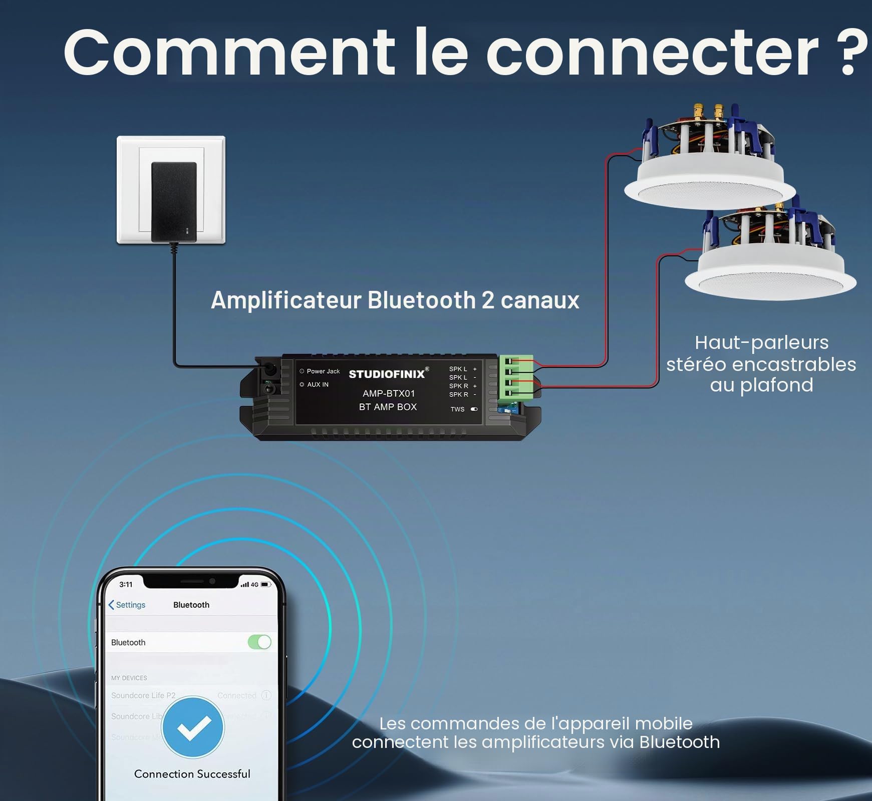 STUDIOFINIX Haut-parleur Bluetooth 6,5" 320 W 2 voies murale pour la maison, la salle de bain, la cuisine, le bureau avec son plein gamme