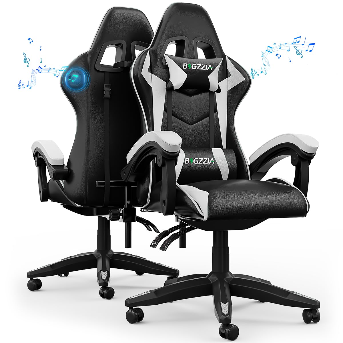Racingreat Bluetooth Gaming Chair with Built-in Speakers | Ergonomic Adjustable Recliner for PC Gaming & Home Office | Lumbar Support, PU Leather (Bluetooth Speakers, White) — image 1