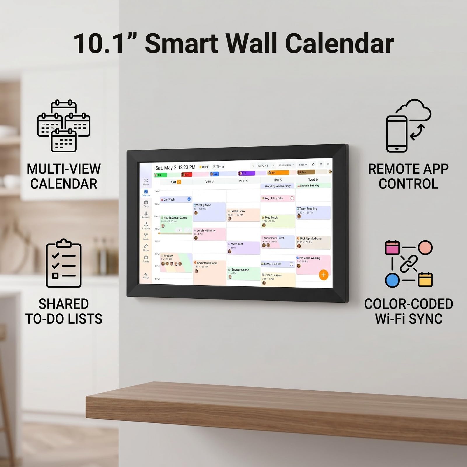 Calendario Digitale Intelligente, Touch Screen da 10,1 Pollici | Agenda familiare, tabella dei lavori, cornice per foto, sincronizzazione WiFi, organizer da parete, per il coordinamento