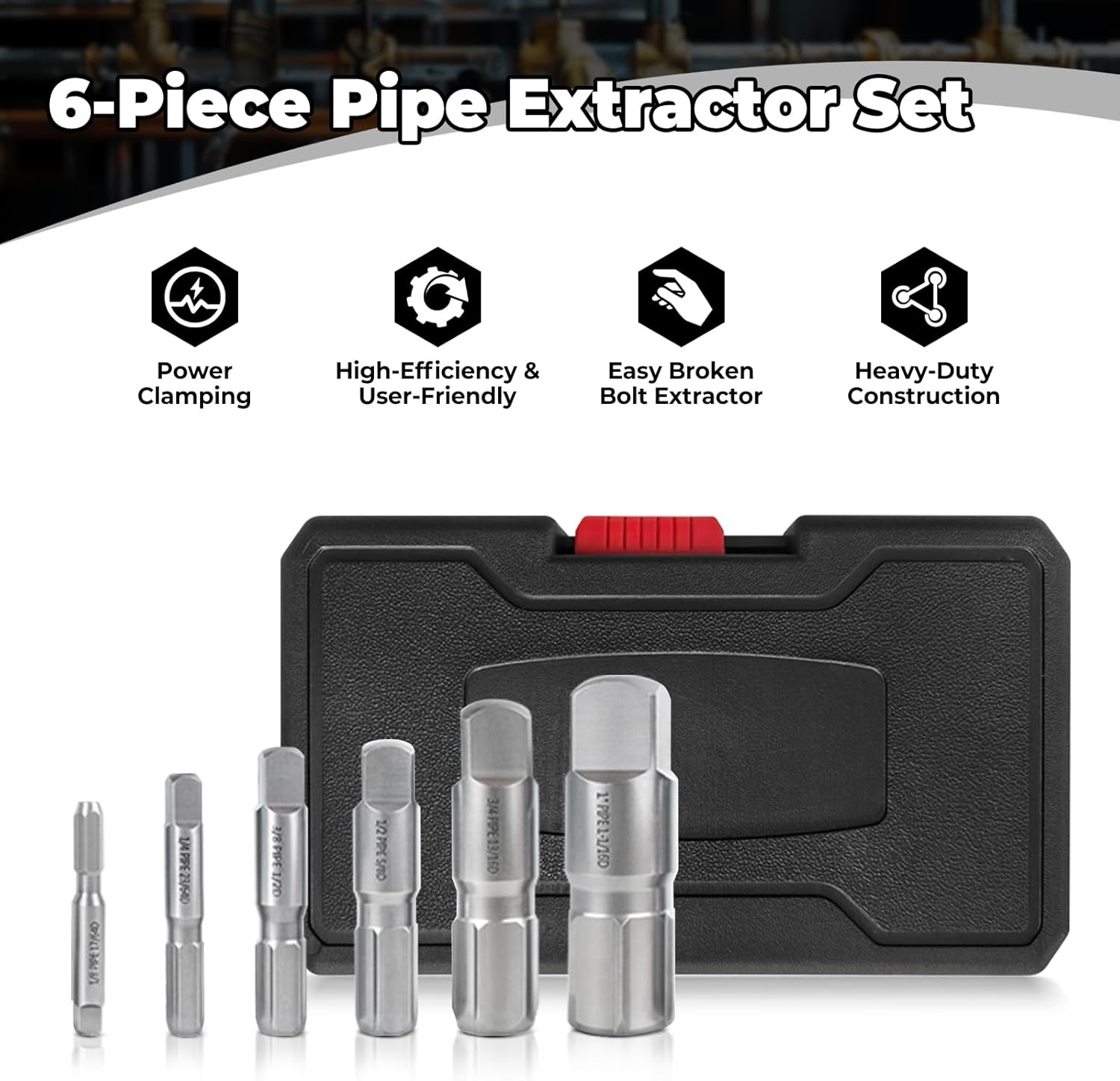 6-Piece Heavy Duty Pipe Extractor Set, Broken Pipe Removal Tool Kit 1/8" 1/4" 3/8" 1/2" 3/4" 1" for Removing Damaged Threaded Pipes & Fittings, with Durable Storage Case