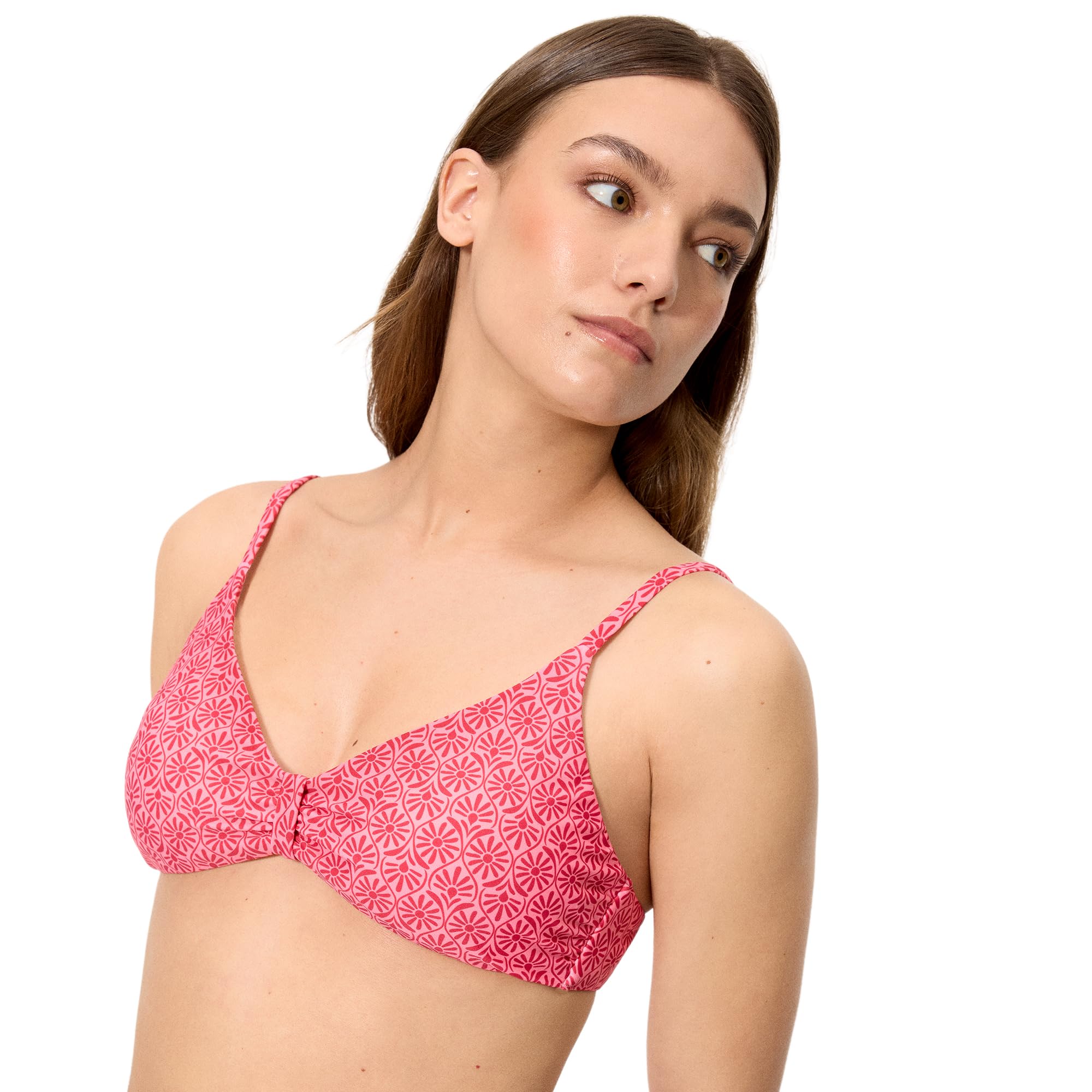 YSABEL MORA. Top Bikini Triángulo Flores Rosa Y Rojo Copa B. Top Triángulo Copa B Sin Aro con Relleno Extraíble Cierre De Broche Y Tirantes Fijos .Colección Cherry.