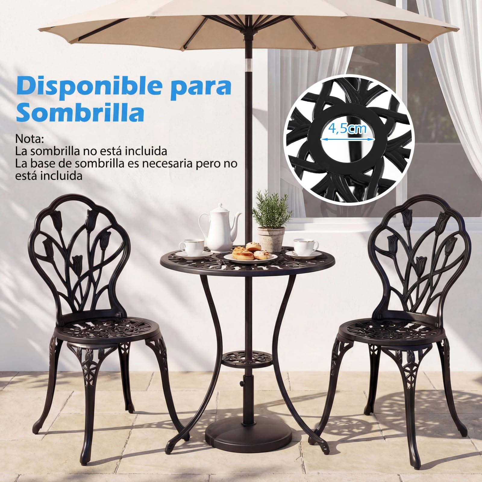 COSTWAY Conjunto Jardin Exterior de 3 Piezas, Aluminio Fundido, Mesa y 2 Sillas Jardin con Orificio para Sombrilla, Set de Bistro Balcon Terraza Espacios Pequeños, Diseño de Tulipán, Vintage