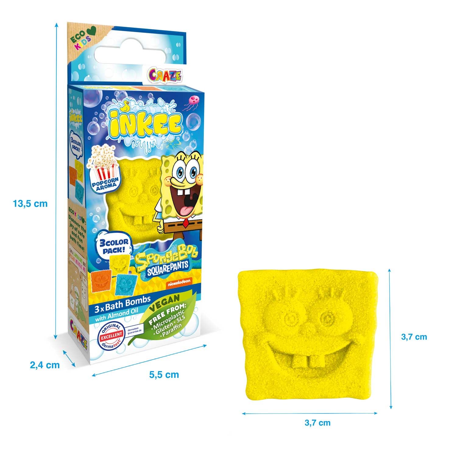 INKEE Mini Pack SpongeBob, Zestaw 3 Pompy Do Kąpieli Dla Dzieci Z Kształtami Jego Postacie SpongeBob I Aromat Popcorn, Bezpieczna Zabawa