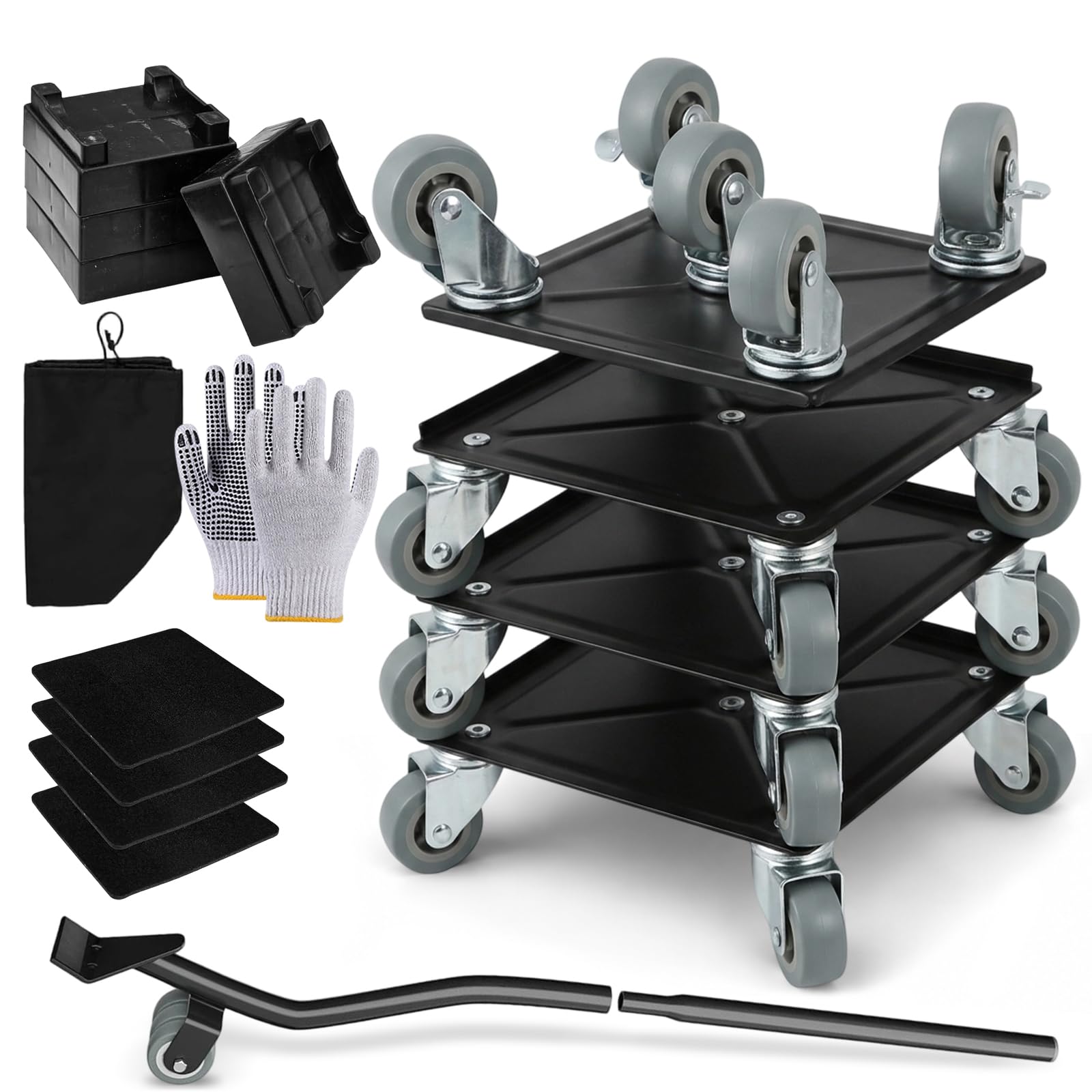 STEEL-LAND 家具移動ツール ブレーキ搭載 キャスター ヘルパー 4個セット 5輪タイプ 耐荷重800kg 高炭素鋼ベース 重量物移動 リフターセット 台車 360度回転 静音 家具・家電移動 便利グッズ 高さ調整バッド4枚・滑り止めパッド4枚・省力レバー1本・手袋1組・収納袋1個付き [並行輸入品]