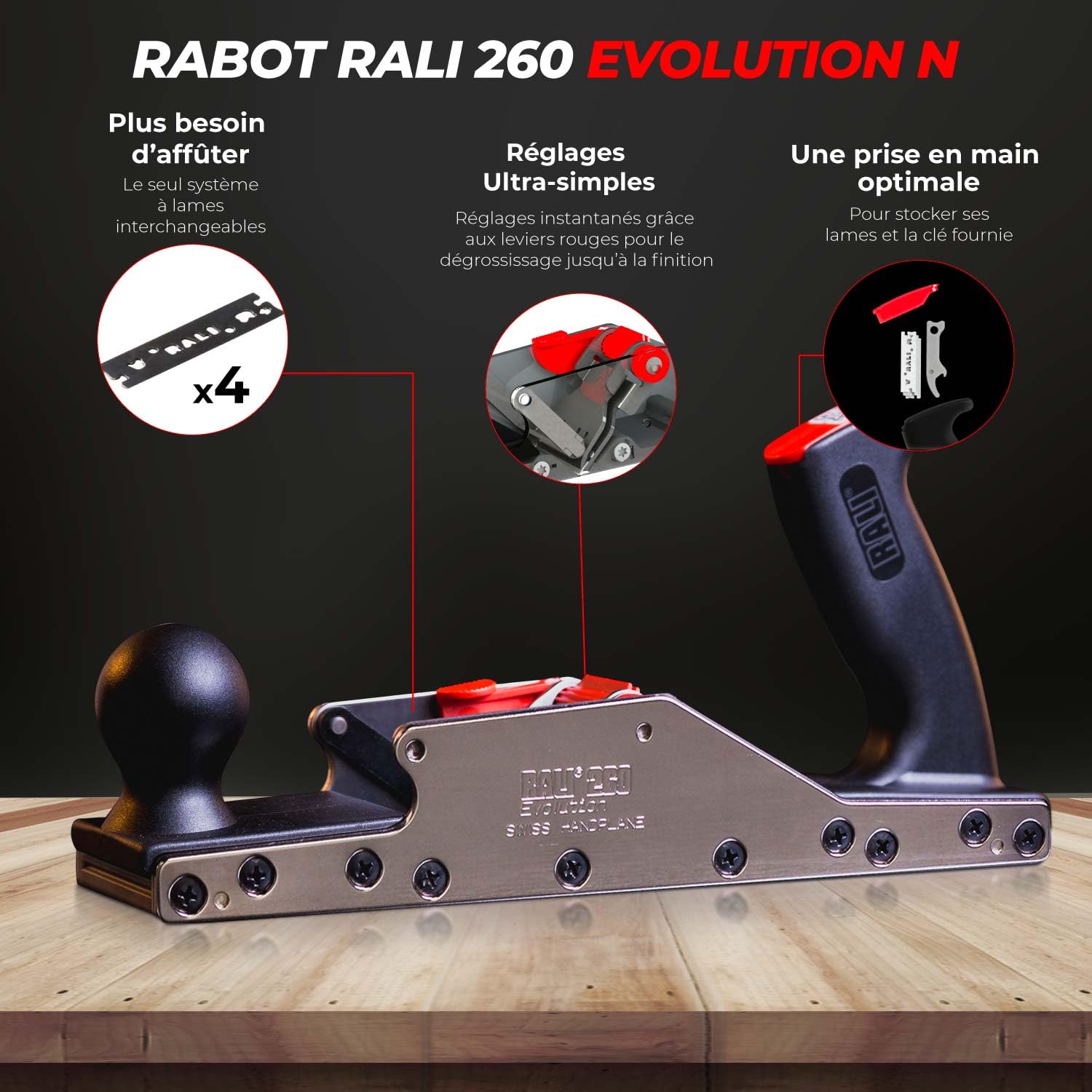 RALI 260 EVOLUTION N: Rabot à main Sans Affutage avec 4 Lames Réversibles et 3 Réglages rapides: Profondeur de coupe, contrefer et lumière | Rabot bois professionnel Suisse pour Menuisier