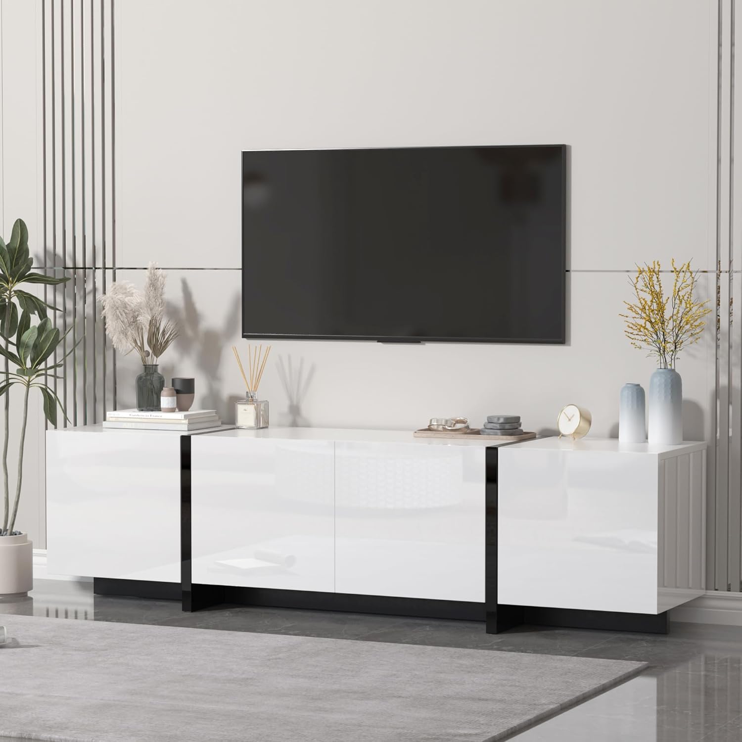 67" Wide High Gloss Modern TV Stand for 60-75 Inch TVs, Stylish Entertainment Center with Storage in White