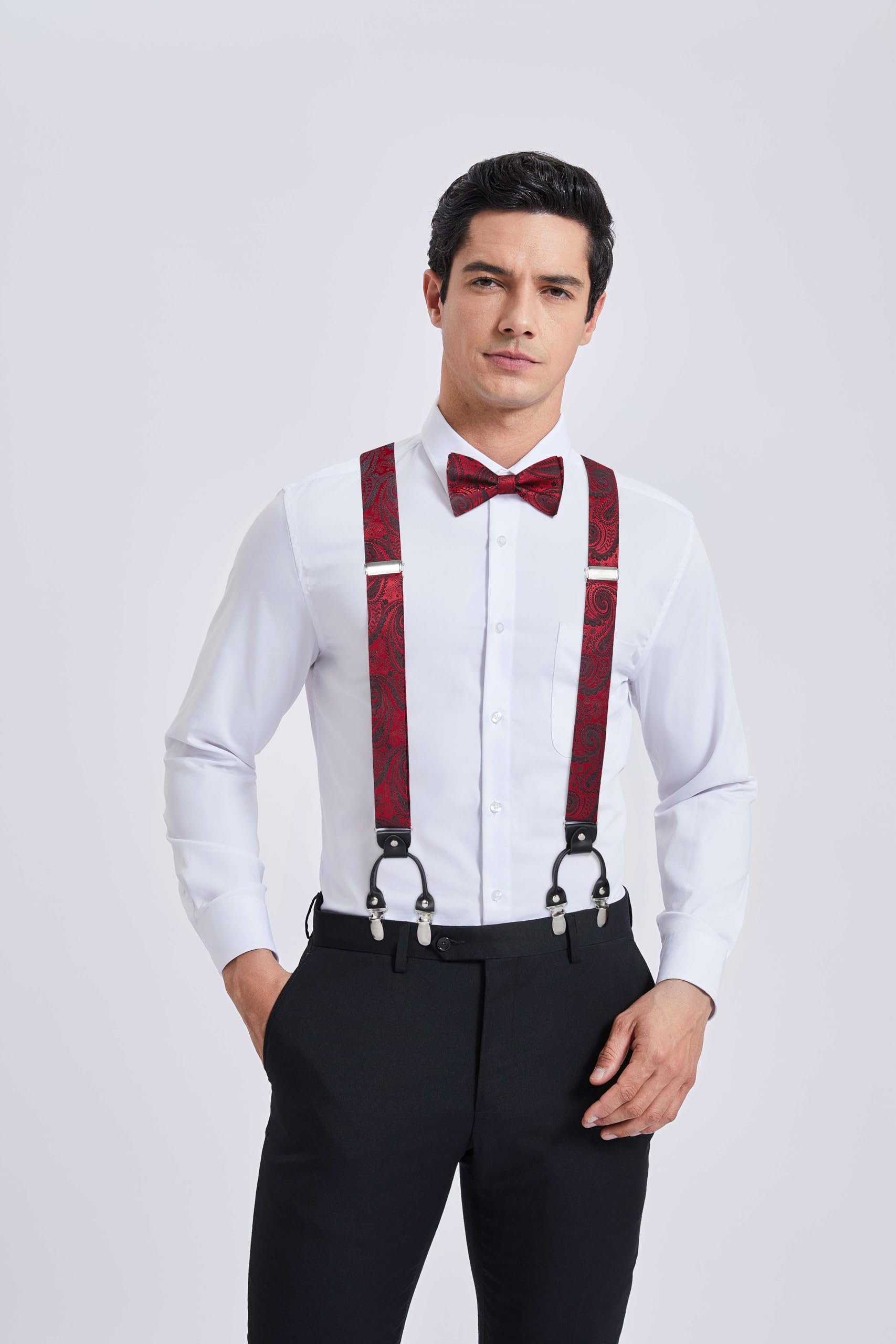 HISDERN Bretelles pour Hommes avec de tres fortes 6 Clips Heavy Duty Y Suspenders Style Reglable Jarretelle Papillon Mouchoir Set