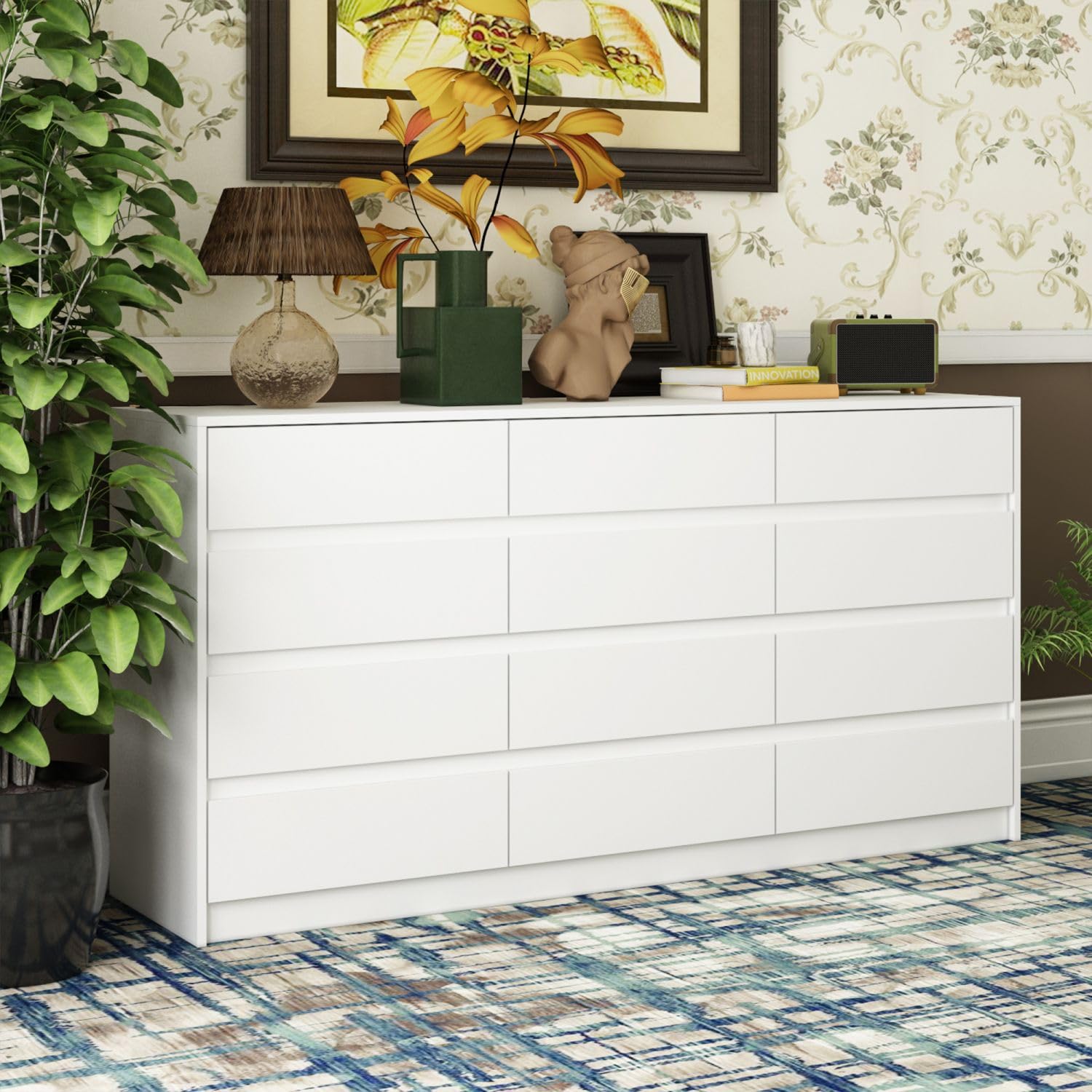 MOUMON Modern Dresser Chest of Drawers, 12 Drawer Dresser with No Handle Design, Contemporary 12 Drawer Cabinet Drawer Chest, White Dresser for Bedroom (63W x 15.7D x 31.9H)