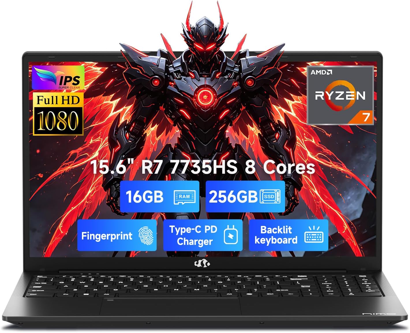 NIMO Light-Gaming-Laptop, AMD Ryzen 7 7735HS (Beats i7-12650H), 16GB DDR5 256GB SSD, 100W PD, Radeon 680M 15.6" FHD Backlit KB Fingerprint Computer for Business Gaming College School
