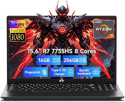 NIMO Light-Gaming-Laptop, AMD Ryzen 7 7735HS (Beats i7-12650H), 16GB DDR5 256GB SSD, 100W PD, Radeon 680M 15.6" FHD Backlit KB Fingerprint Computer for Business Gaming College School